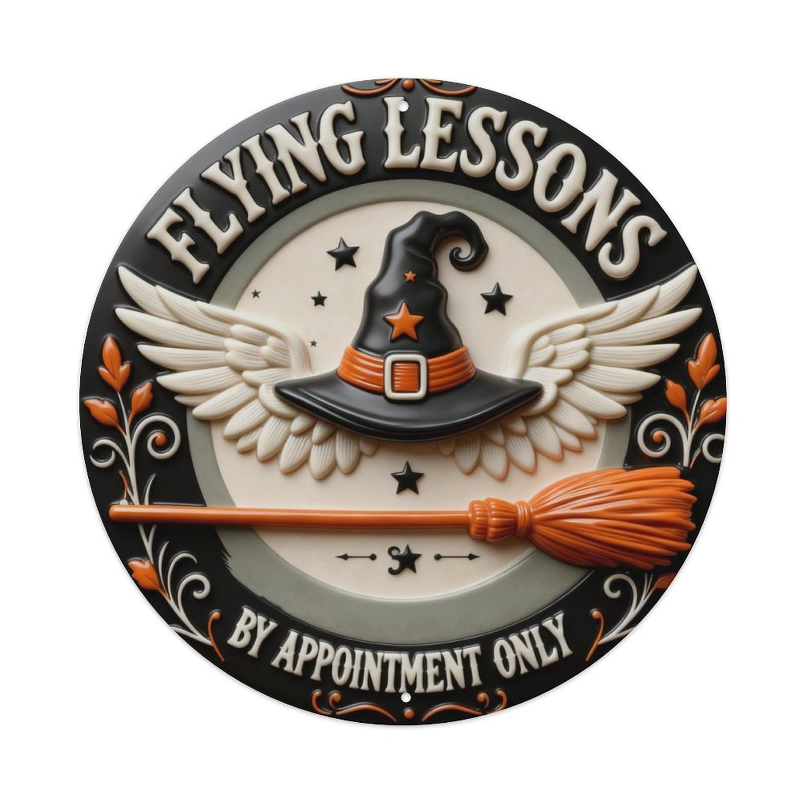 Flying Lessons Witch Hat Broom Stars Round Metal Tin Sign Vintage Wall Decor, Bar Garage Cafe Kitchen Home Wall Art Poster 8x8inches