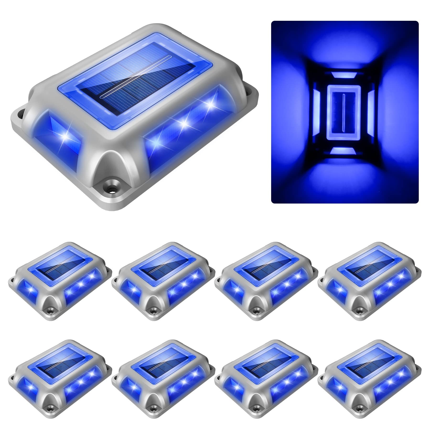 CREPOW Solar Deck Lights Driveway Dock Lights,8 Packungen Waterproof 1200mAh Solar Powered Outdoor LED Aluminum Dock Lighting Road Markers Step Lights for Driveway Sidewalk Garden Pathway Yard (Blau)