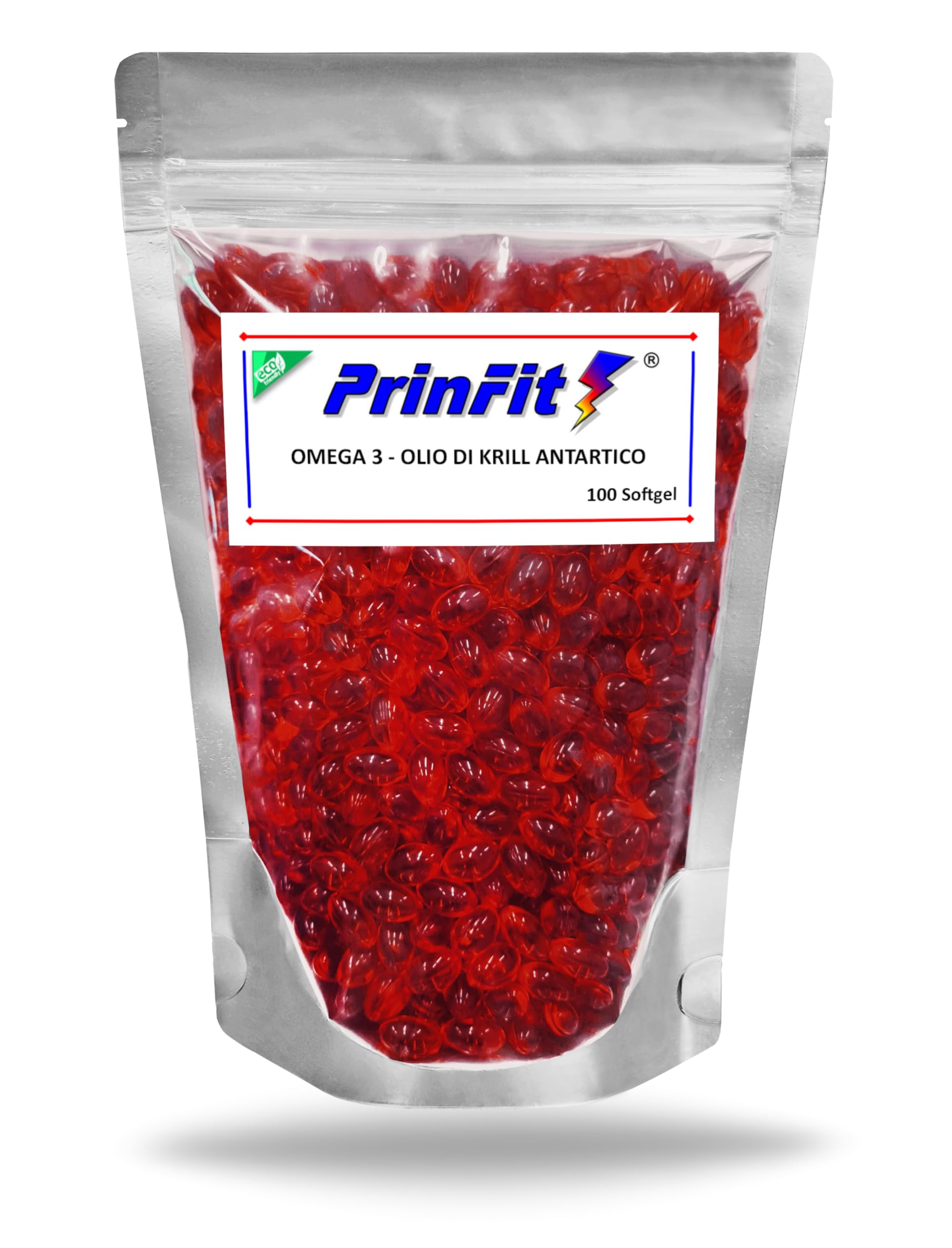 Olio di Krill Omega 3 Puro PrinFit - Ricco di Omega-3 EPA e DHA | Fonte di Fosfolipidi Marini e Astaxantina | Krill Oil 100% Naturale- Senza Retrogusto | 100 Capsule molli (softgels)