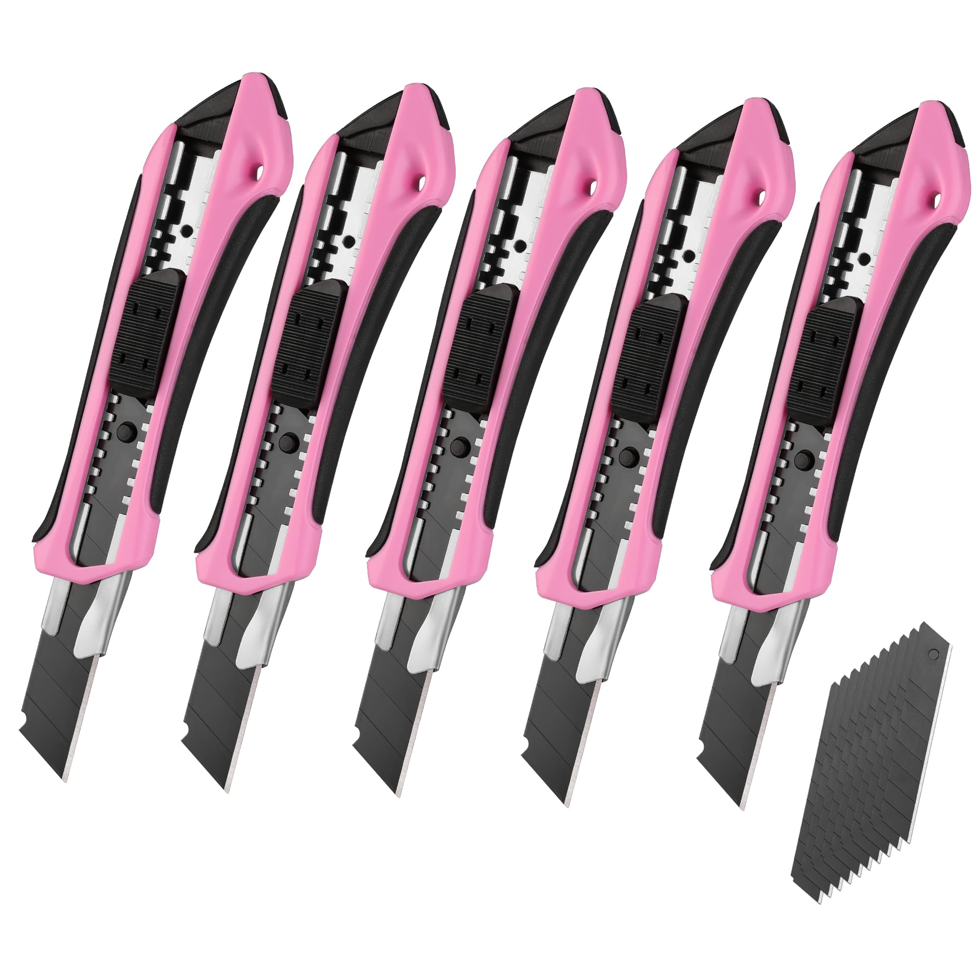 WORKPRO Utility Knife Set, 5-Pack 18 mm Box Cutters with 20 SK5 Replacement Blades, Professional Snap-Off Utility Knives with Rubber Grip, for Cutting Paper and Cardboard, Pink