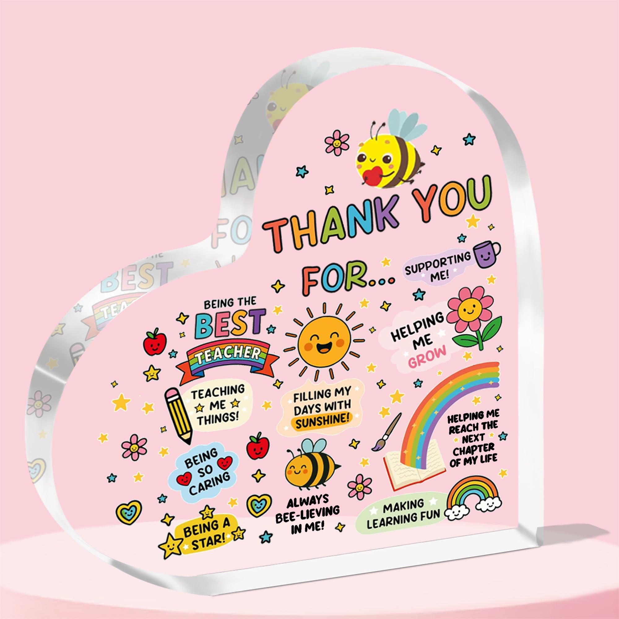 JETTOP Teacher Gifts -Thank You Teacher Gifts for Women Men Chrsitmas Heart Acrylic Plaque Gifts for TA Teaching Assistant Nursery Teacher Gifts