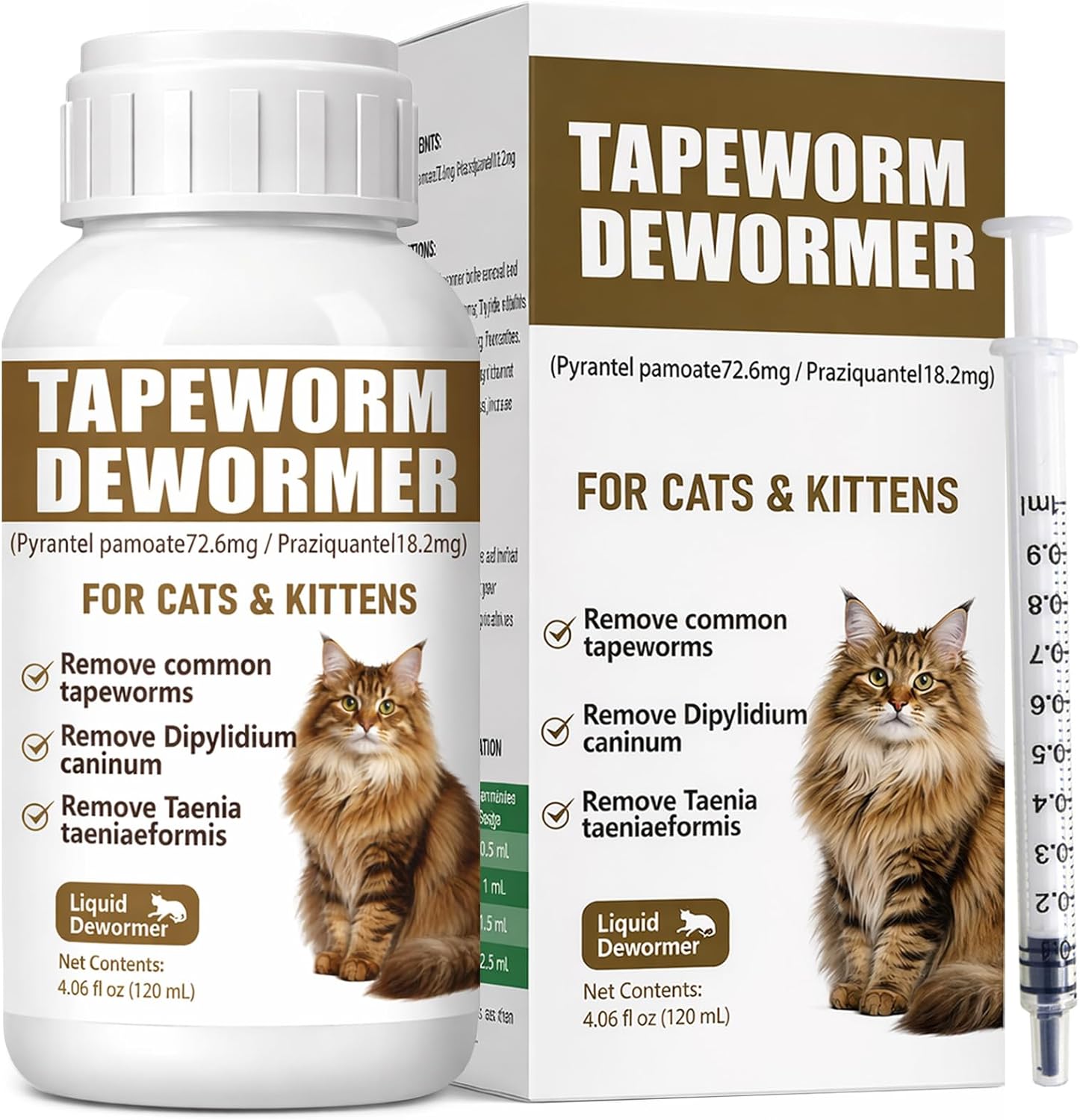 Cat Dewormer Liquid for Cats & Kittens, Broad Spectrum for Tapeworms, Roundworms & Hookworms, with Praziquantel and Pyrantel Pamoate for Cats 6 Weeks & Older, 120ml