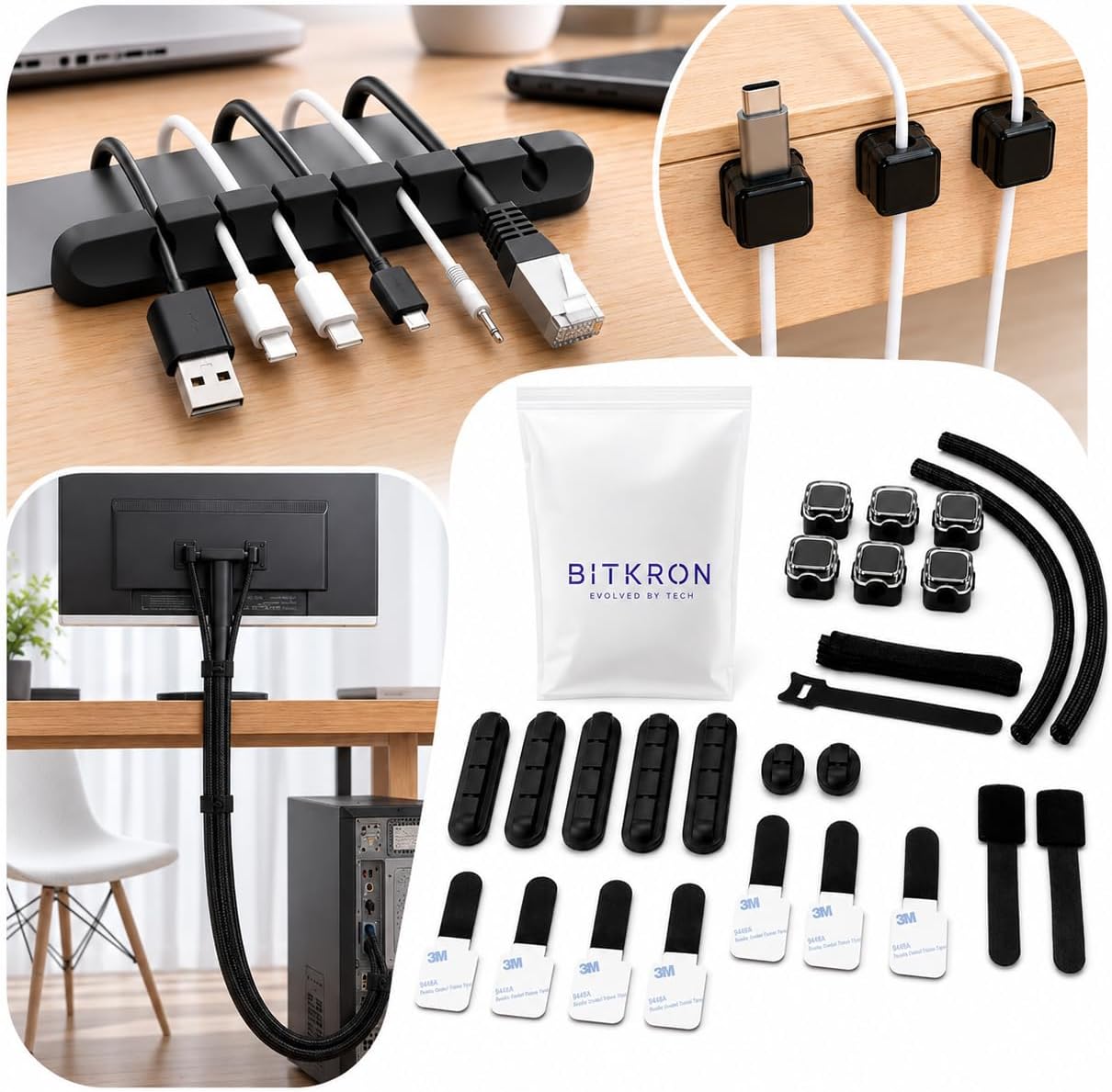 Cable Management Kit for Desk, 34-Piece, Black, Magnetic Organizer, Silicone Clips, Sleeve Wrap, Adhesive Cord Holders Office, Home & Gaming Setup Cord Organizer Black