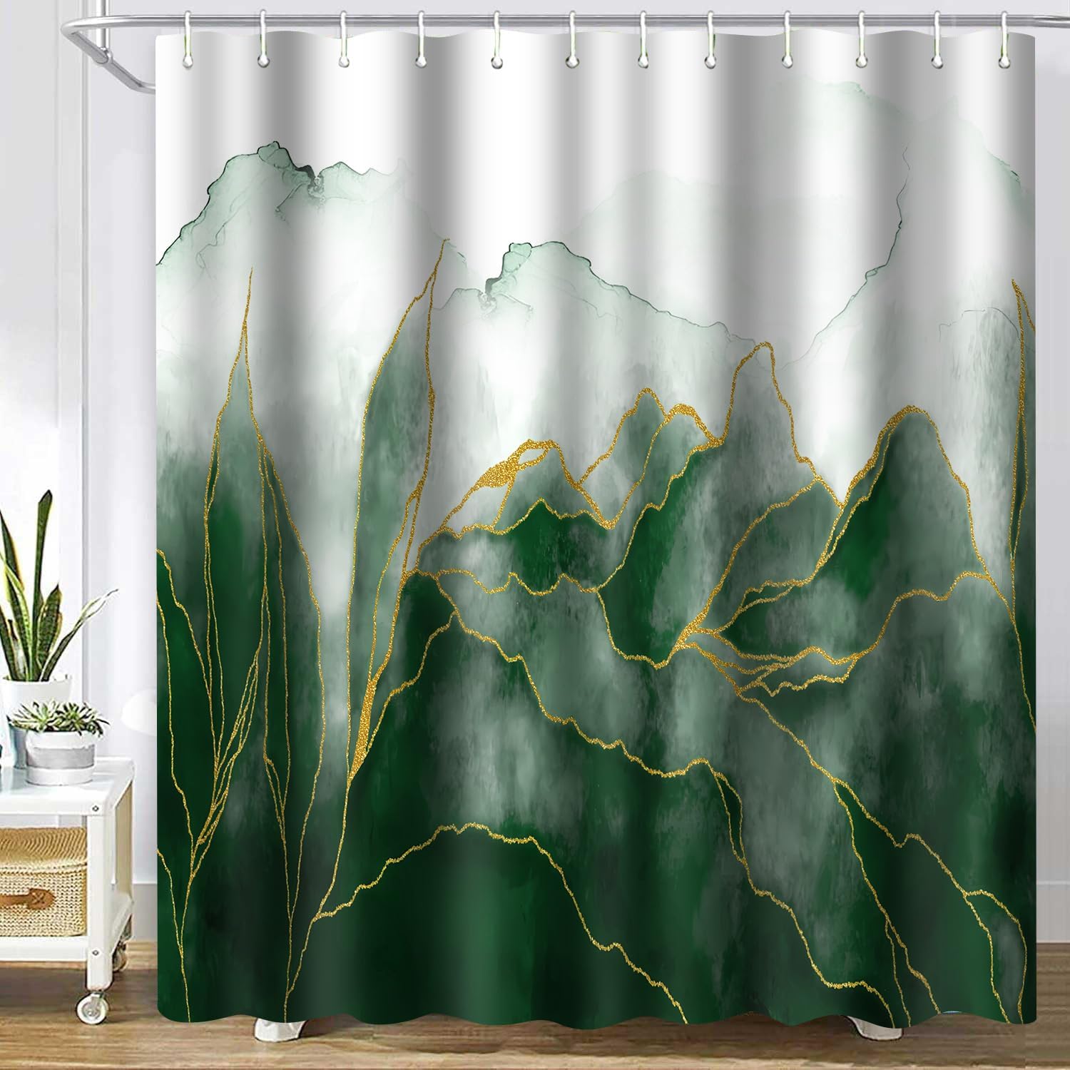 Emerald Green Marble Shower Curtain Green Ombre Modern Abstract Art Shower Curtain for Bathroom Decor 72x72Inch Washable Polyester Dark Green and Golden Texture Ink Art Bathroom Curtain with 12 Hooks
