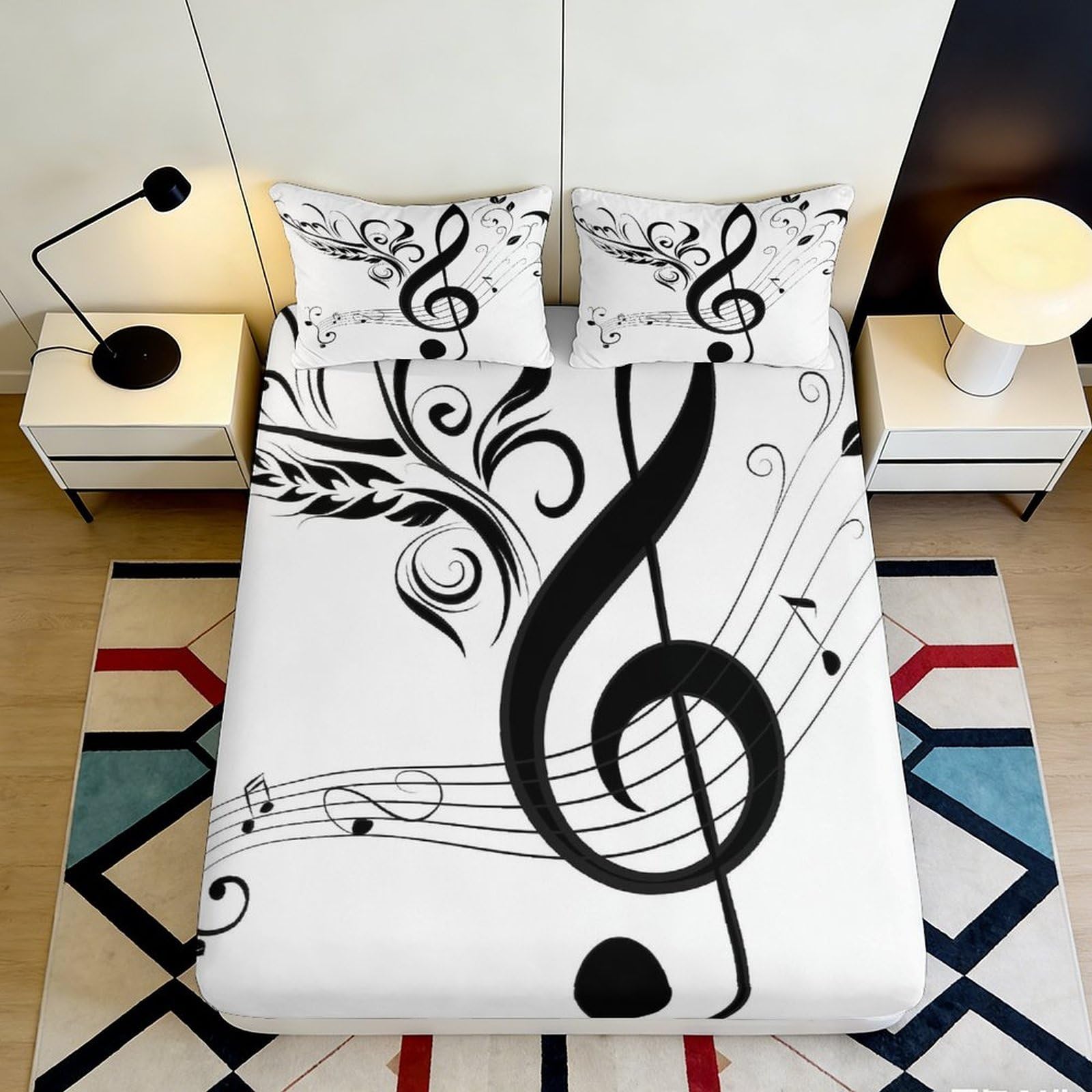 3D Printed Music Notes Fitted Sheet Microfiber Deep Pocket Musical Mattress Fitted Cover Non-Slip Bedding 90x200x25cm