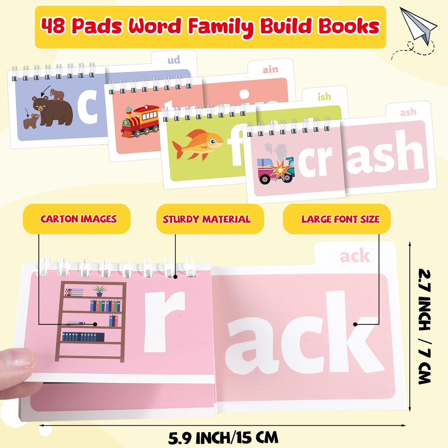 gisgfim 48 Word Family Build Book Read and Rhyme Flip Activity Book ABC Vocabulary Flash Cards Kindergarten Sight Word Learning Activities Learn to Read Games for Kids Homeschool Supplies(Cartoon)