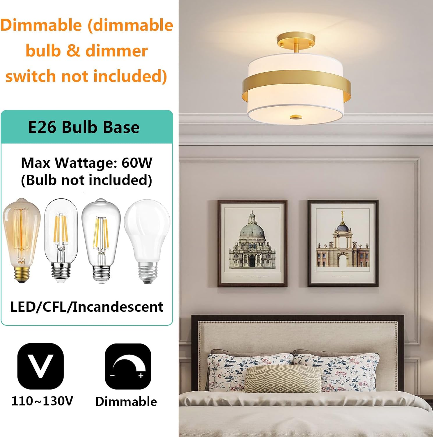 Mid-Century Fabric Linen Bedroom Close to Ceiling Light, 2-Light Beige Textured Linen Shade with Gold Metal, D13*H9.1 inches, for Dining Room, Living Room, Bedroom