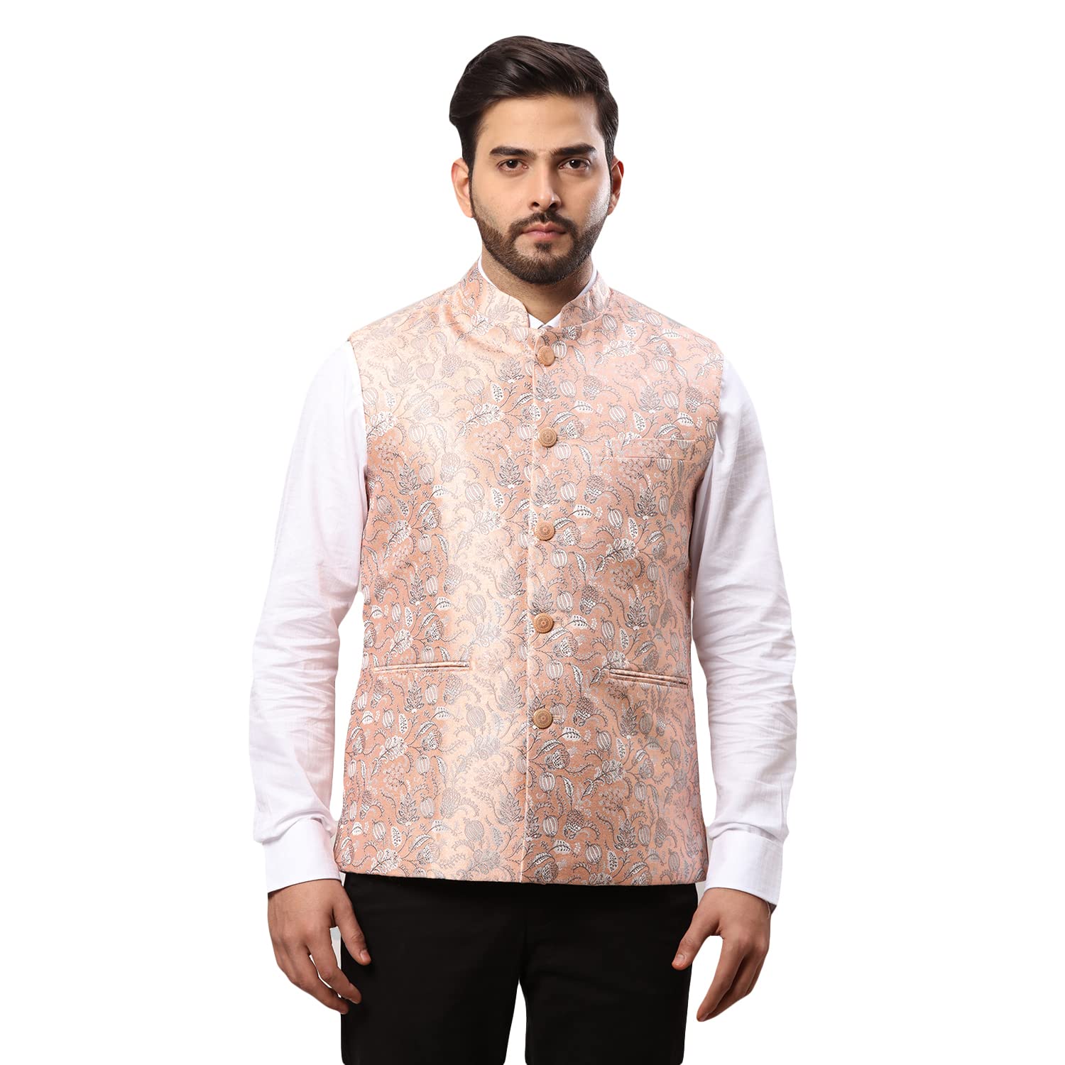 raymond Men's Contemporary Fit Terry Rayon Blend Jacquard Pattern Sleeveless Orange Ceremonial Waistcoat-picture-41