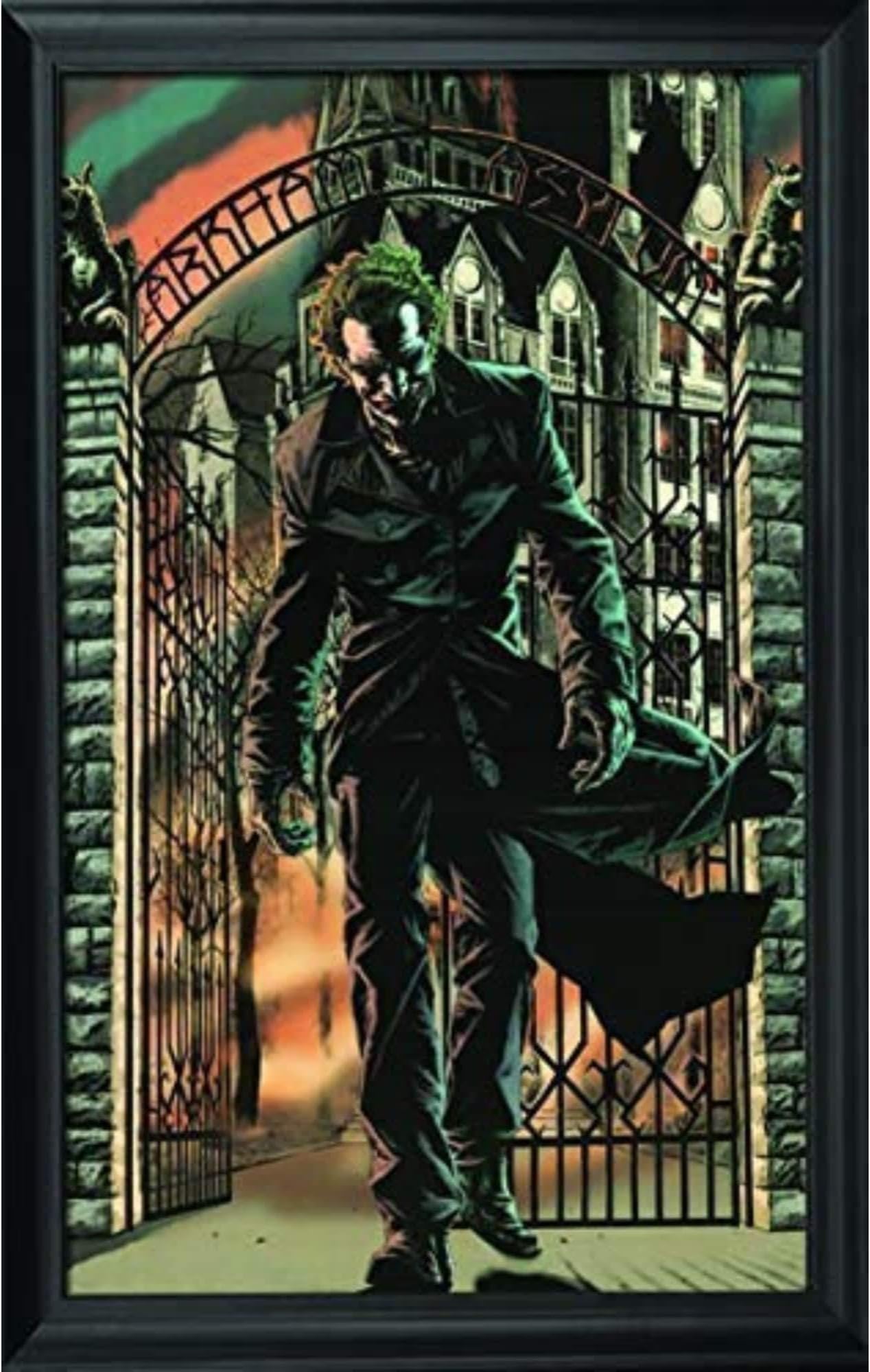 Joker Arkham Asylum Wall Art Decor Framed Print | 24x36 Premium (Canvas/Painting Like) Textured Poster | DC Comics Batman Superhero Fan Picture & Artwork | Memorabilia Gifts for Guys & Girls Bedroom