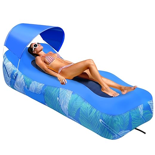 Inflatable Lounger Air Sofa with Detachable Sunshade Inflatable Lounger Beach Chair with Pillow Water Proof& Anti-Air Leaking Design, Portable for Beach Camping Music Festival Backyard