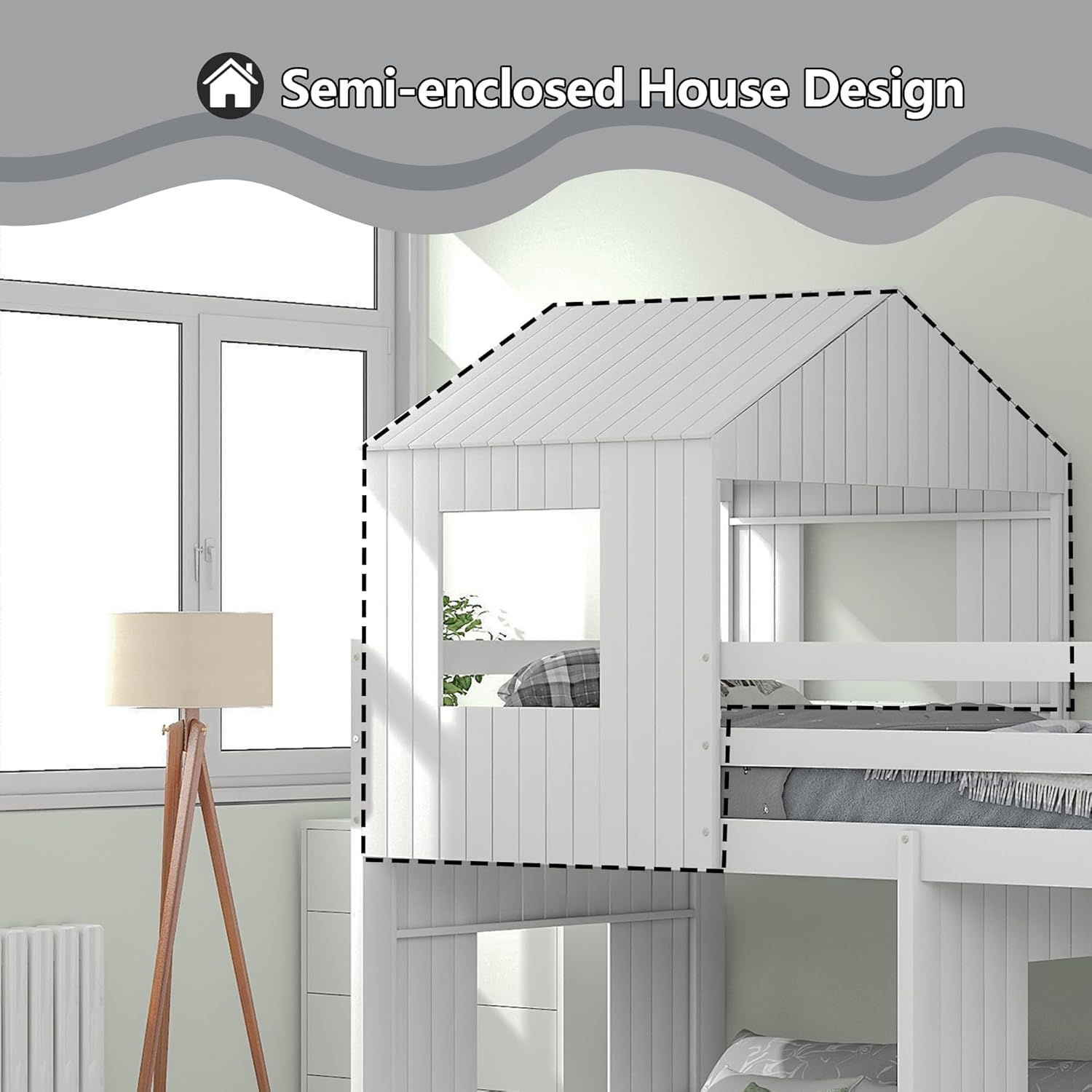 Harper & Bright Designs Twin Over Full Floor Bunk Bed with Roof and Window, House Bunk Bed with Playhouse and Full-Length Guardrails for Kids Teens Adults, No Box Spring Needed, Space Saving, White