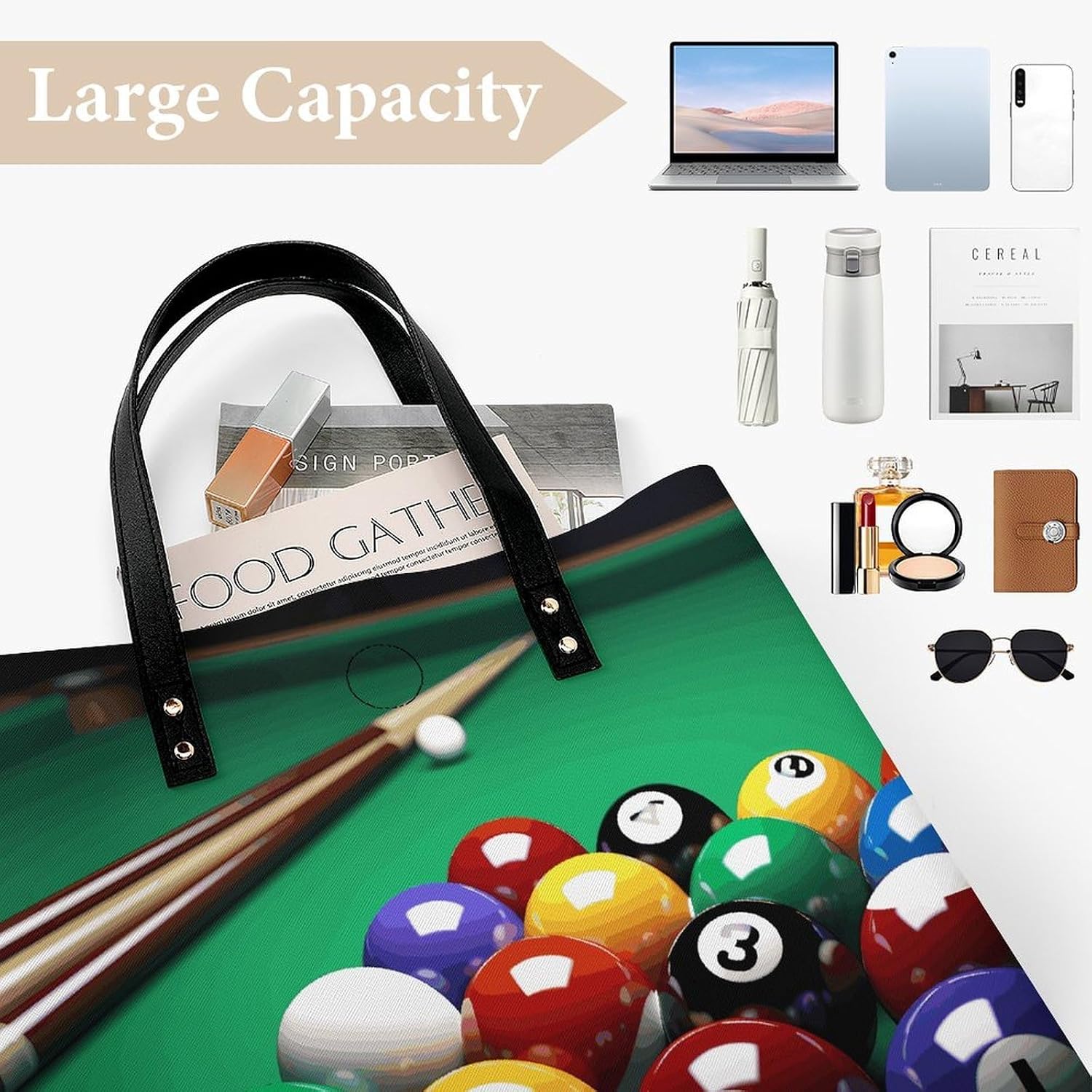 Billiards Tote Bag with Magnetic Buckle Reusable Grocery Bags Lightweight Cross Body Handbag for Daily Essentials