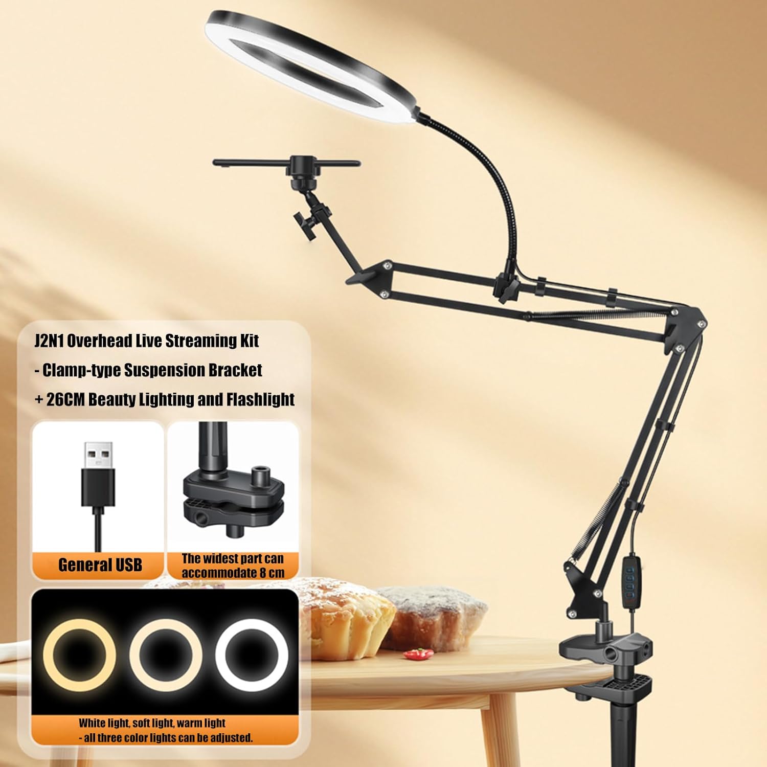 Rotating Camera Stand with Fill Light, Sturdy Metal Arm Phone Holder for Baking Demos, Live Broadcasts Overhead Camera Mount with Rings Light
