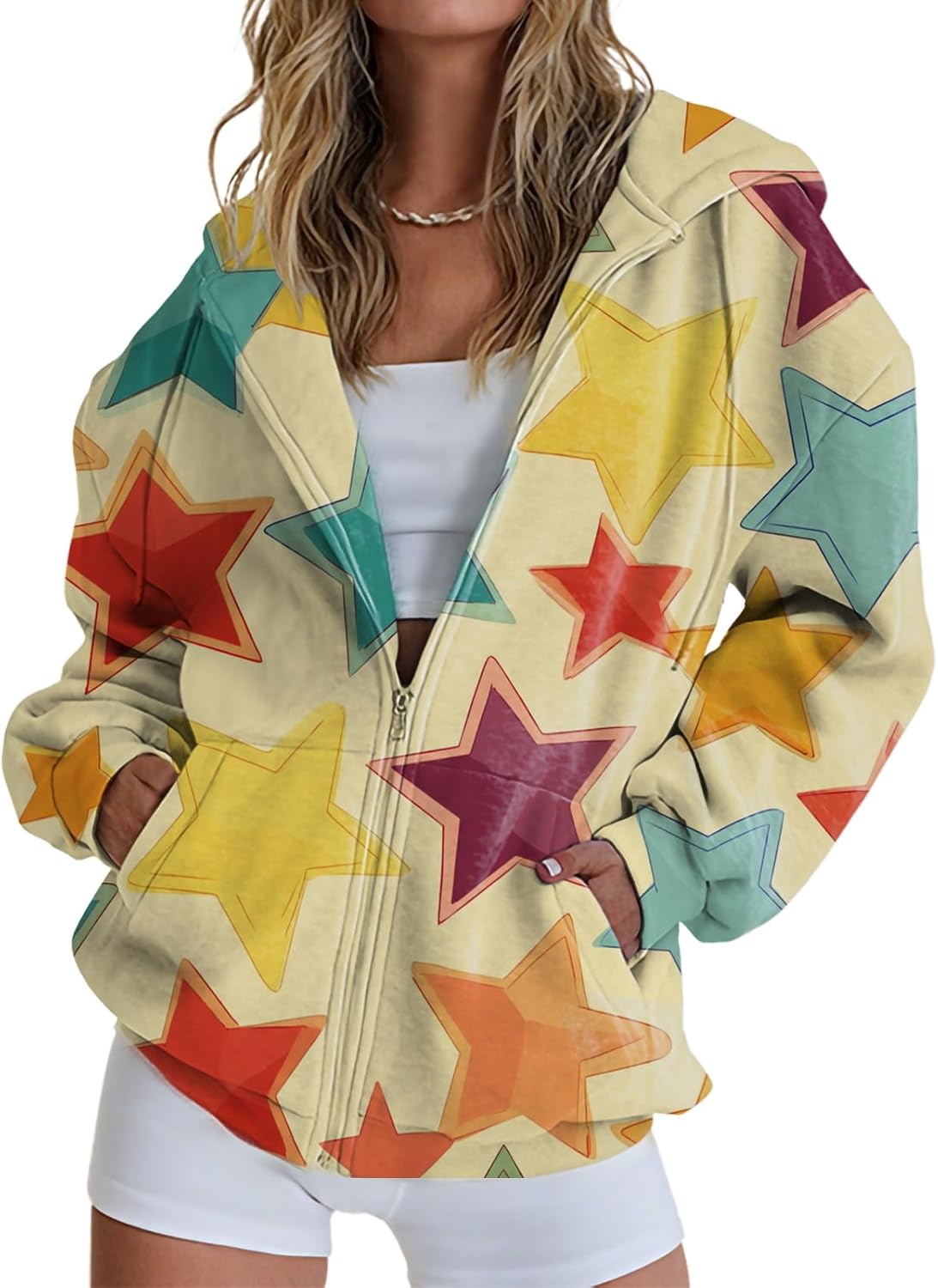 Womens Sweatshirts Elegant Floral Print Zipper Hooded Jacket Oversized Casual Fall Tops with Pockets