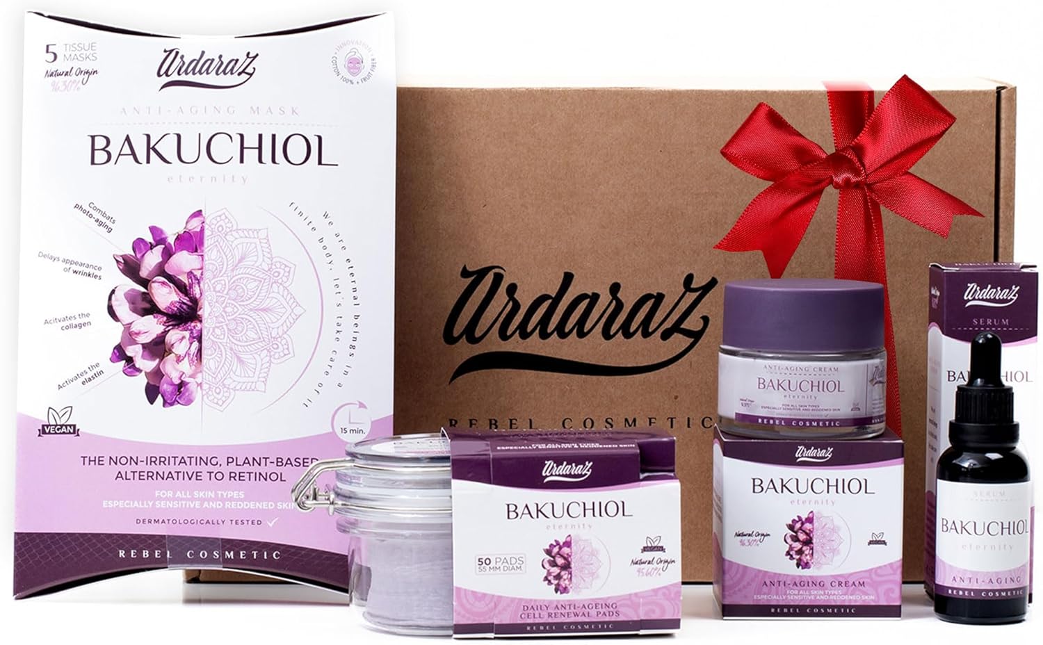 Huidverzorgingspakket tegen rimpels met Bakuchiol en Niacinamide. Origineel cadeaupakket voor vrouwen met scrubschijven, serum, crème en 5 maskers