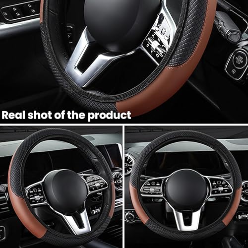 Miniatura 3 de Funda para volante de automóvil, 15 pulgadas, transpirable, antideslizante, en relieve, cuero de microfibra, tamaño estándar universal, elástico,