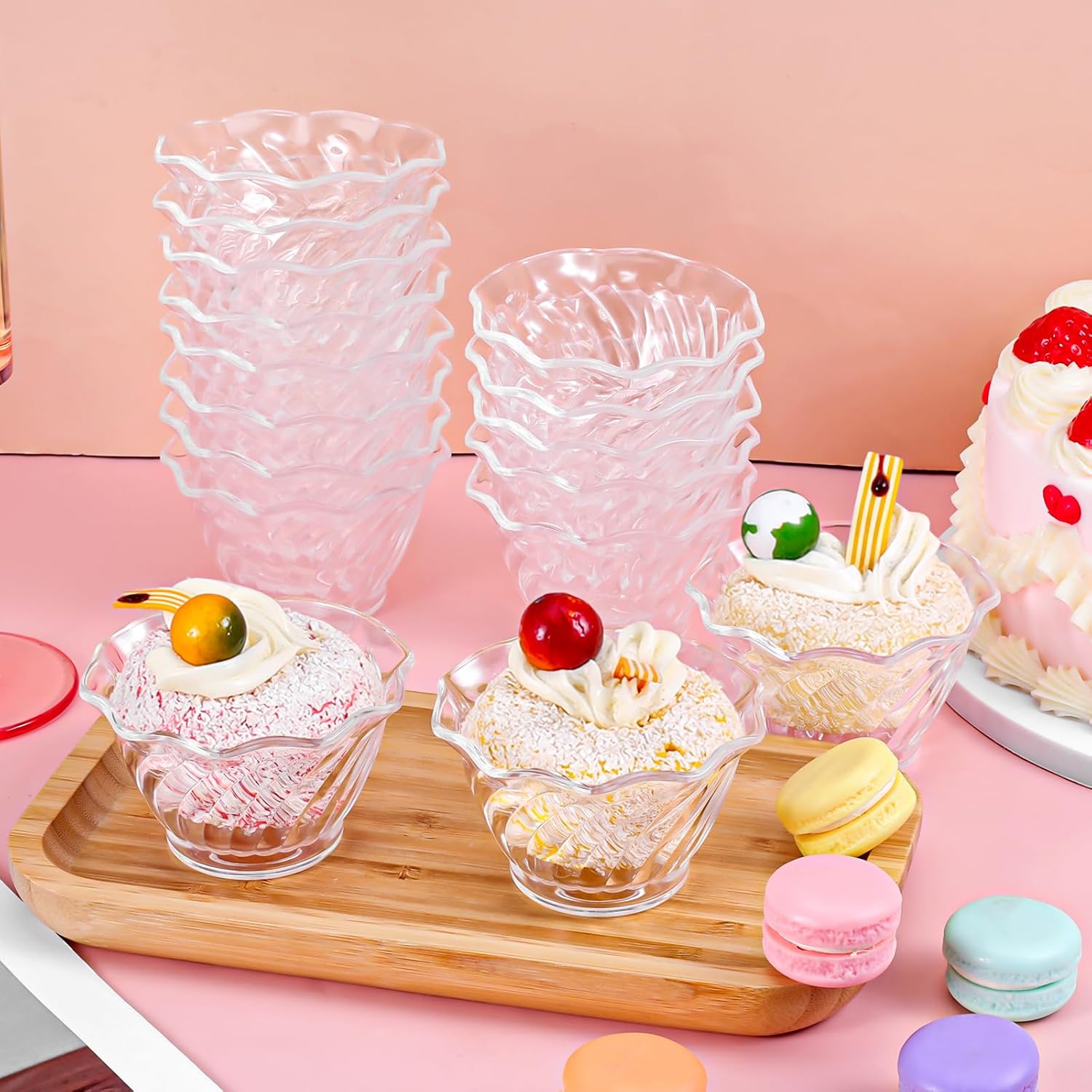 30 Pack 6OZ Plastic Dessert Cups, Vintage Dessert Bowls, Clear Ice Cream Sundae Tasting Bowls, Individual Swirl Tulip Shape Dish Holder for Sundae, Condiment, Snacks