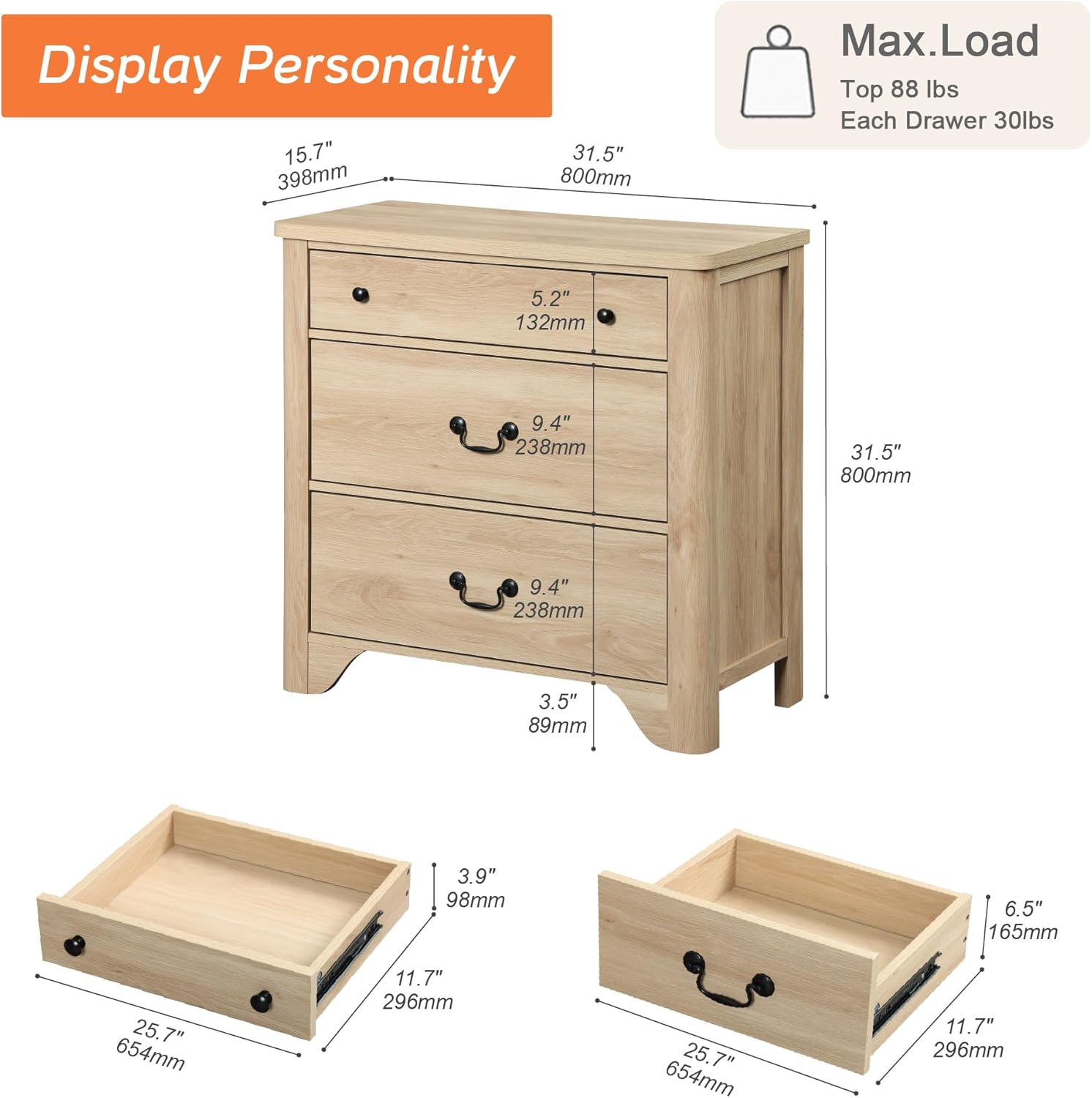 WAMPAT 3 Drawer Dresser, 31.5 Inch Wood Nightstand with Storage, Modern Oak Dresser Wood Chest of Drawers with Curved Profile Design for Bedroom, Living Room