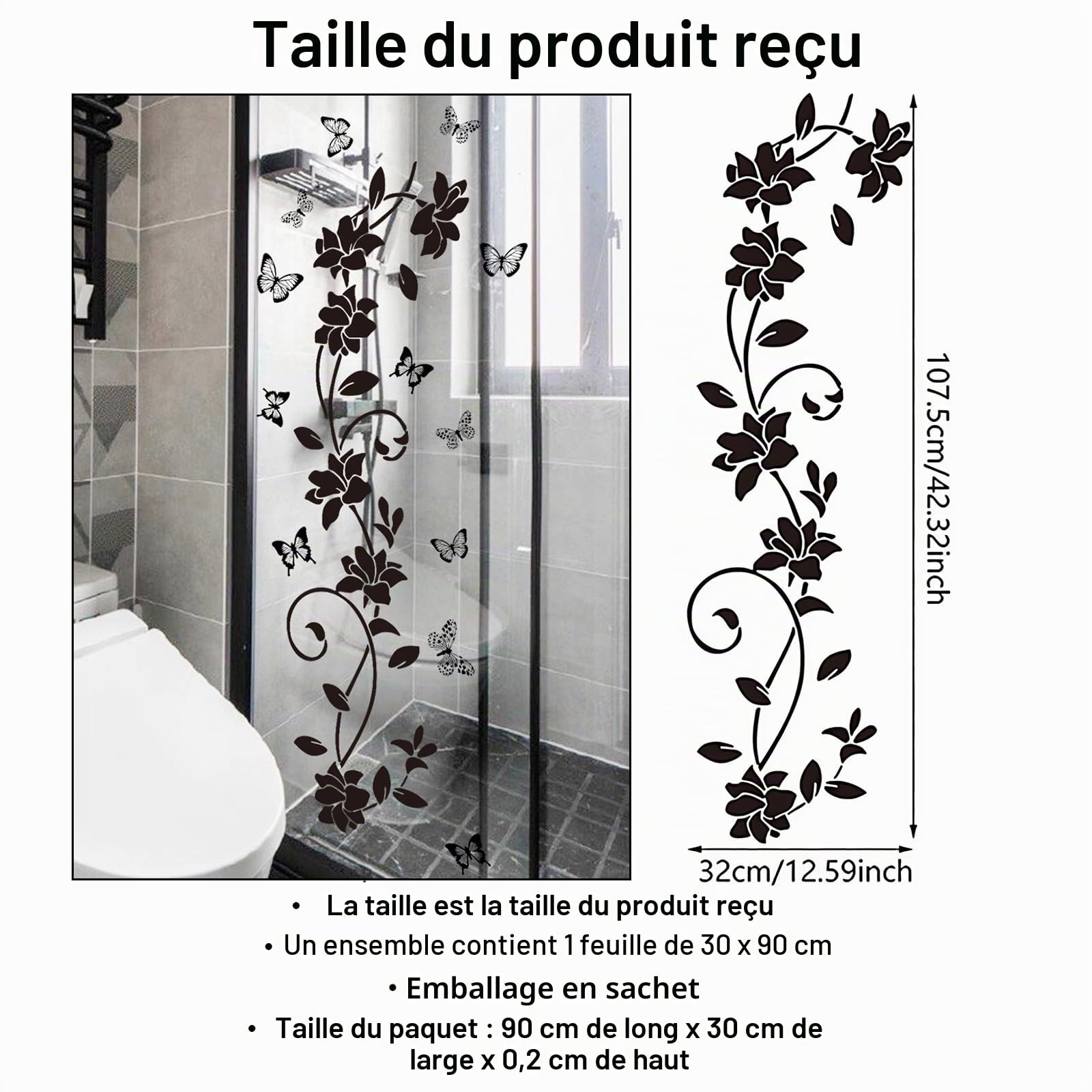 2 Sets Stickers Muraux Noir Design Moderne Fleurs Vigne et Papillons Autocollant PVC Autocollant pour Decoration Miroir Glass Fenêtre Surface Lisse Salon Chambre Salle de Bain Bureau 30x90cm