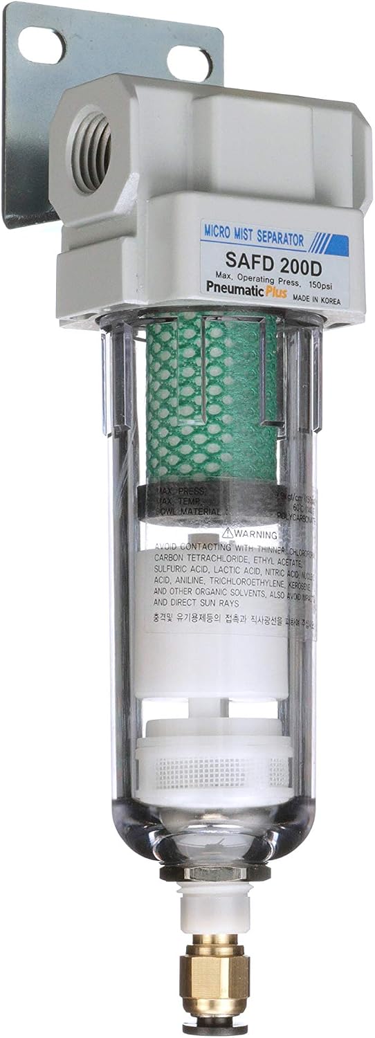 PneumaticPlus SAFD200-N02BDF Miniature Compressed Air Coalescing Filter, 0.01 Micron 1/4" NPT - Poly Bowl, Auto Drain (Float Type), Bracket