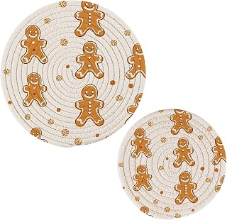 Gingerbread Cookies Trivets for Hot Dishes - 2Pcs Braided Cotton Heat Resistant Pot Holders Set - Round Coasters for Cooking, Baking#318