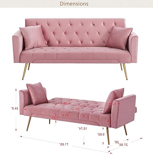 Miniatura 102 de Sofá cama moderno de terciopelo de 72 pulgadas, sofá cama plegable convertible con 3 respaldos ajustables, asiento reclinable copetudo con patas