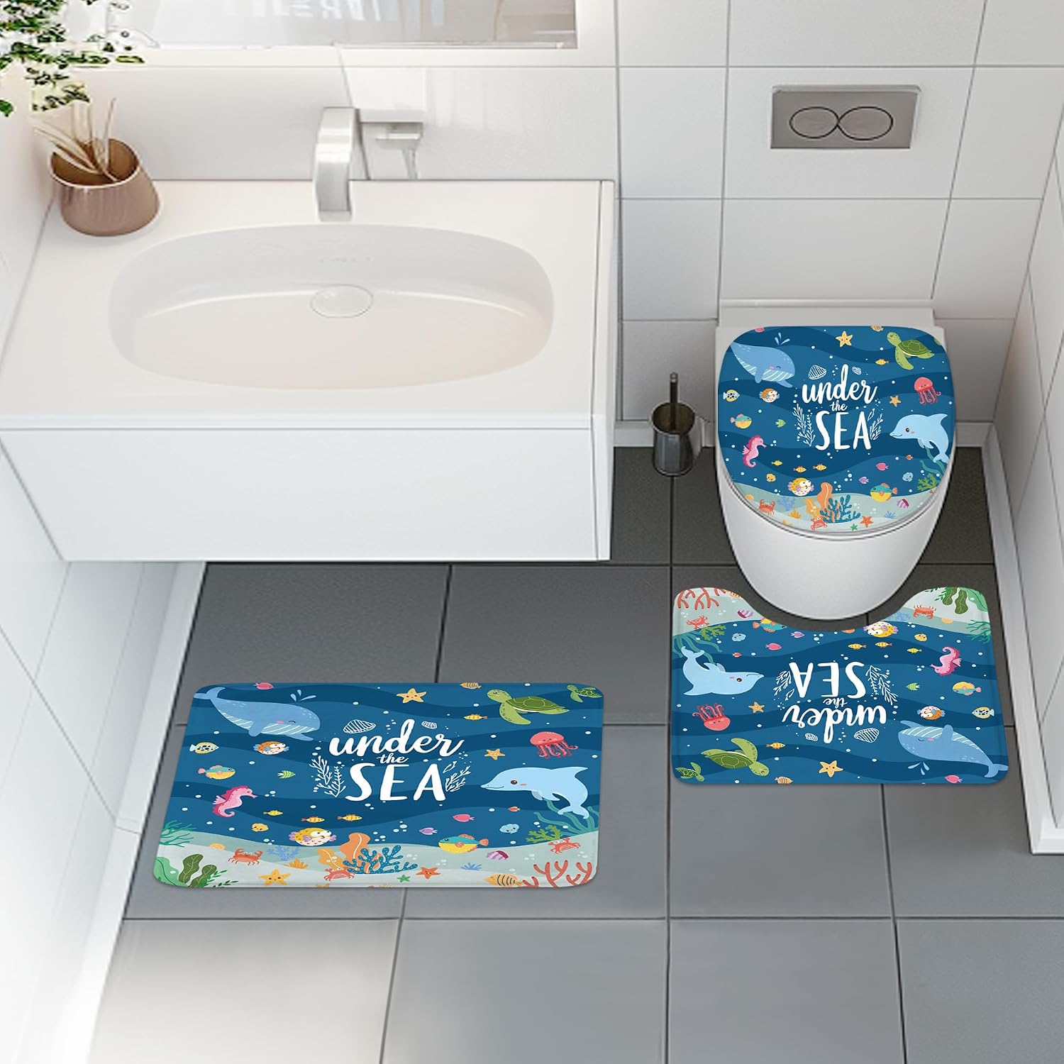 4 PCS Kids Shower Curtain Set 72Wx72H Ocean Bathroom Set Underwater Summer Kid Fish Cute Whale Sea Animal Funny Bath Rug Toilet Lid Cover U Shape Mat Accessories 12 Hooks Bathroom Decors