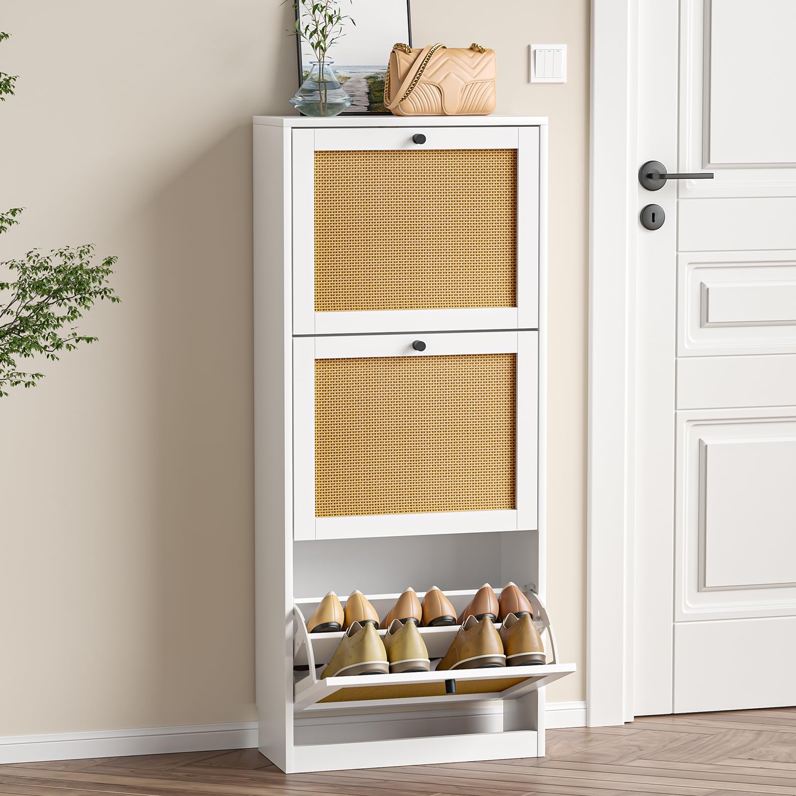 Skokliz Rattan Shoe Cabinet with 3 Flip Drawers Narrow Shoe Organiser with Adjustable Shelves Space Saving Shoe Storage for Hallway Entryway, White