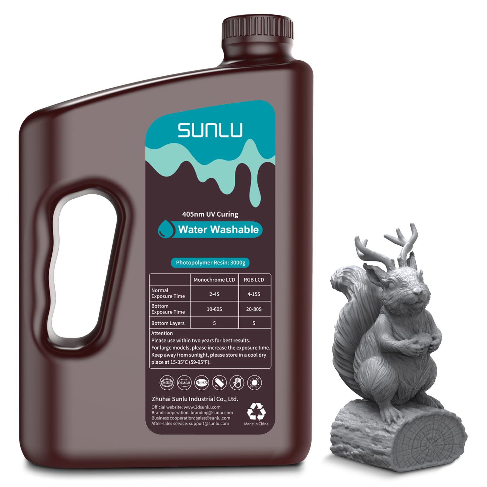 SUNLU - Resina per stampante 3D, impermeabile, 3 kg, grande bottiglia, resina lavabile all'acqua per la maggior parte delle stampanti 3D, resina da 395 a 405 nm, resina liquida fotopolimero