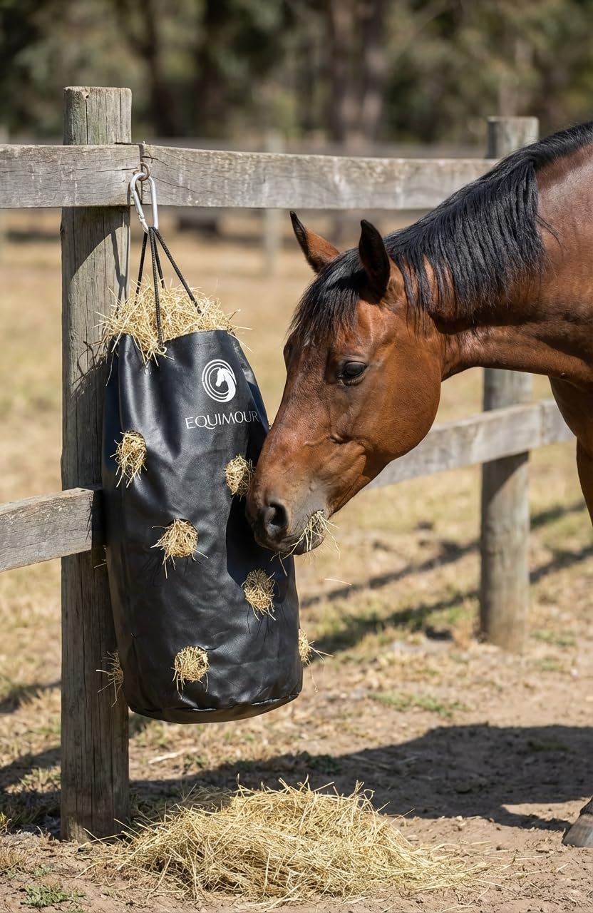 Hay Bag Sac à foin 195 l - Filet à foin pour chevaux avec mousqueton et sac de transport - Slow Feeder - Environ 10 kg de foin - Robuste et résistant aux intempéries