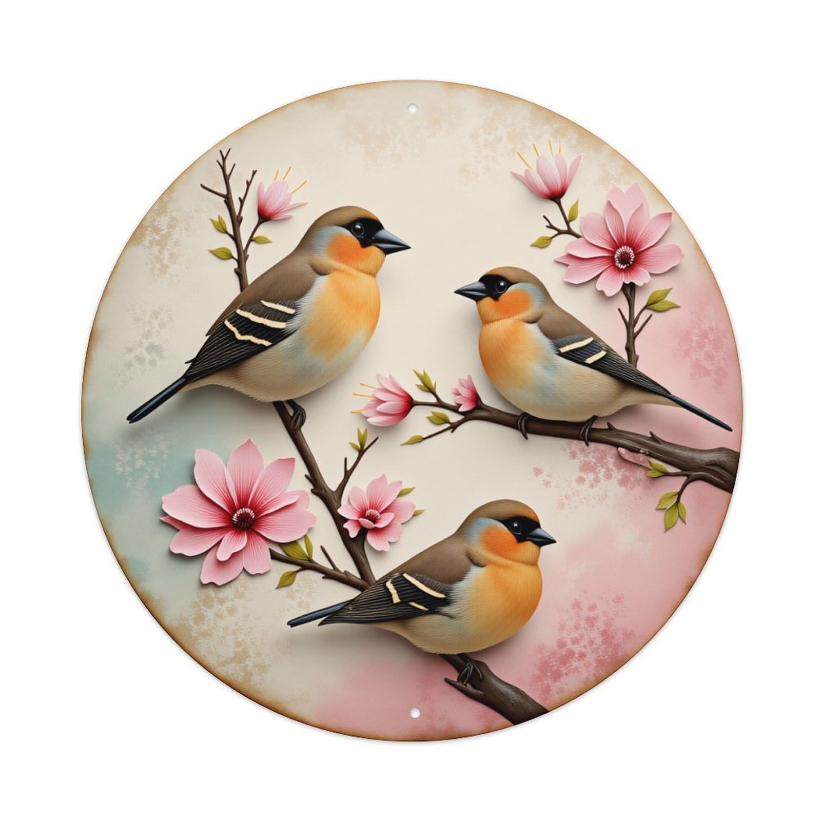 Birds Perched On Blossom Branches With Pink Flowers Round Vintage Tin Sign,Retro Wall Art,Metal Poster for Home, Bar, Garage, Cafe, Rustic Indoor & Outdoor Decor, 8x8 Inches