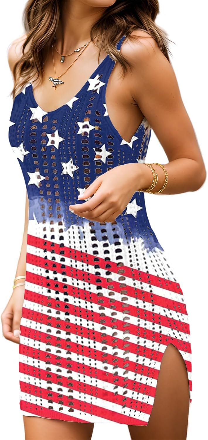CAZYCHILD American Flag Swimsuits Coverup for Women: Hollow Crochet Bathing Suit Cover Ups 12th of July Beach Tank Dresses
