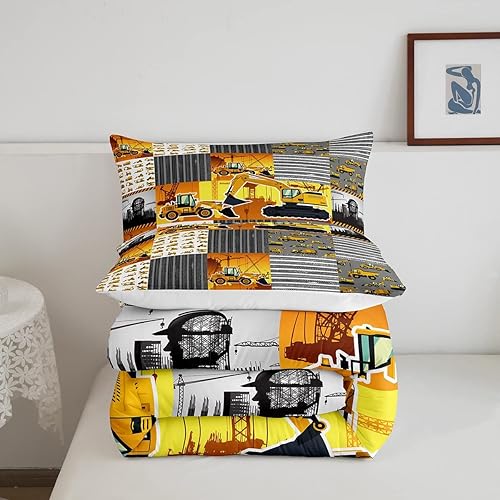 Miniatura 5 de Juego de edredón individual de excavadora para niños y niños, ropa de cama Kawaii, camión de construcción, tractor, juego de ropa de cama, mezclador