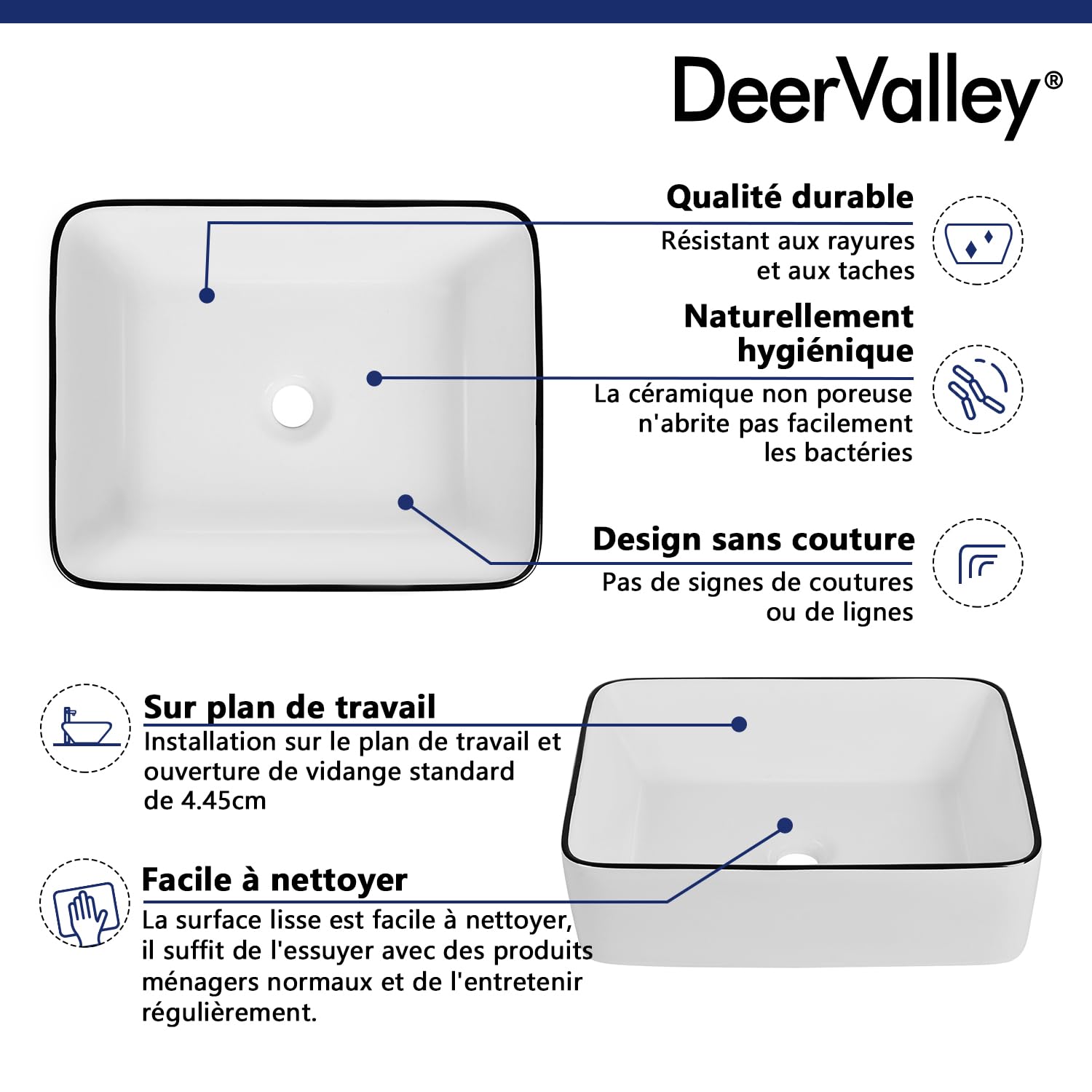 Vasque à Poser Salle de Bain DeerValley Rectangulaire Au-dessus du Comptoir Corps, Vasque a Poser Salle de Bain, Blanc Bordure Noire Lavabo Salle de Bain 475mm*375mm