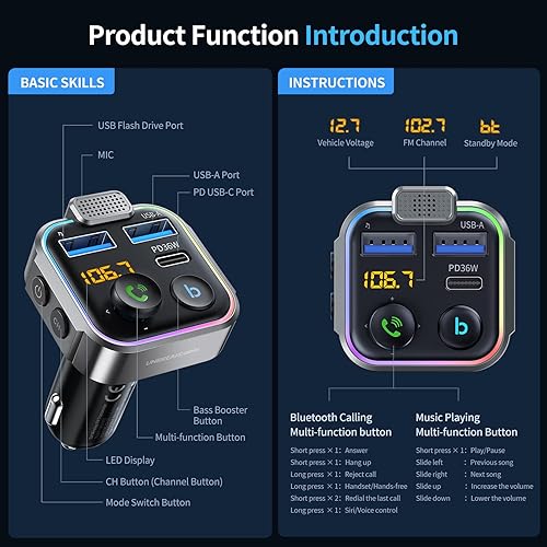 Miniatura 8 de UNBREAKcable Transmisor FM Bluetooth para automóvil carga rápida PD de 36 W adaptador inalámbrico de radio FM Bluetooth kit de encendedor de