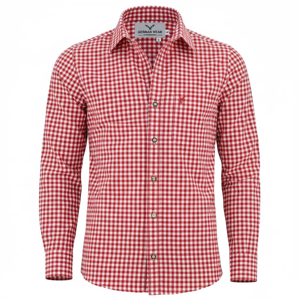 German Wear Trachtenhemden für Herren mit Langen Ärmeln, klassisches Karomuster, hochwertige bayerische Mode mit Hirsch-Stickerei und kardieten Ärmeln