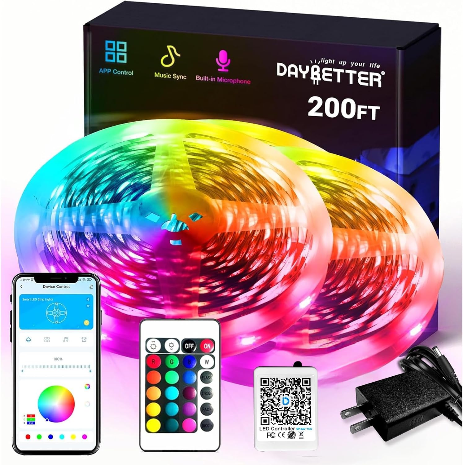 DAYBETTER Good RGB Led Strip Lights, 200ft Led Lights for Bed room with App Management, Multicolor Altering Led Gentle Strips Apply for House Decor, Residing Room, Kitchen, House Occasion Ornament