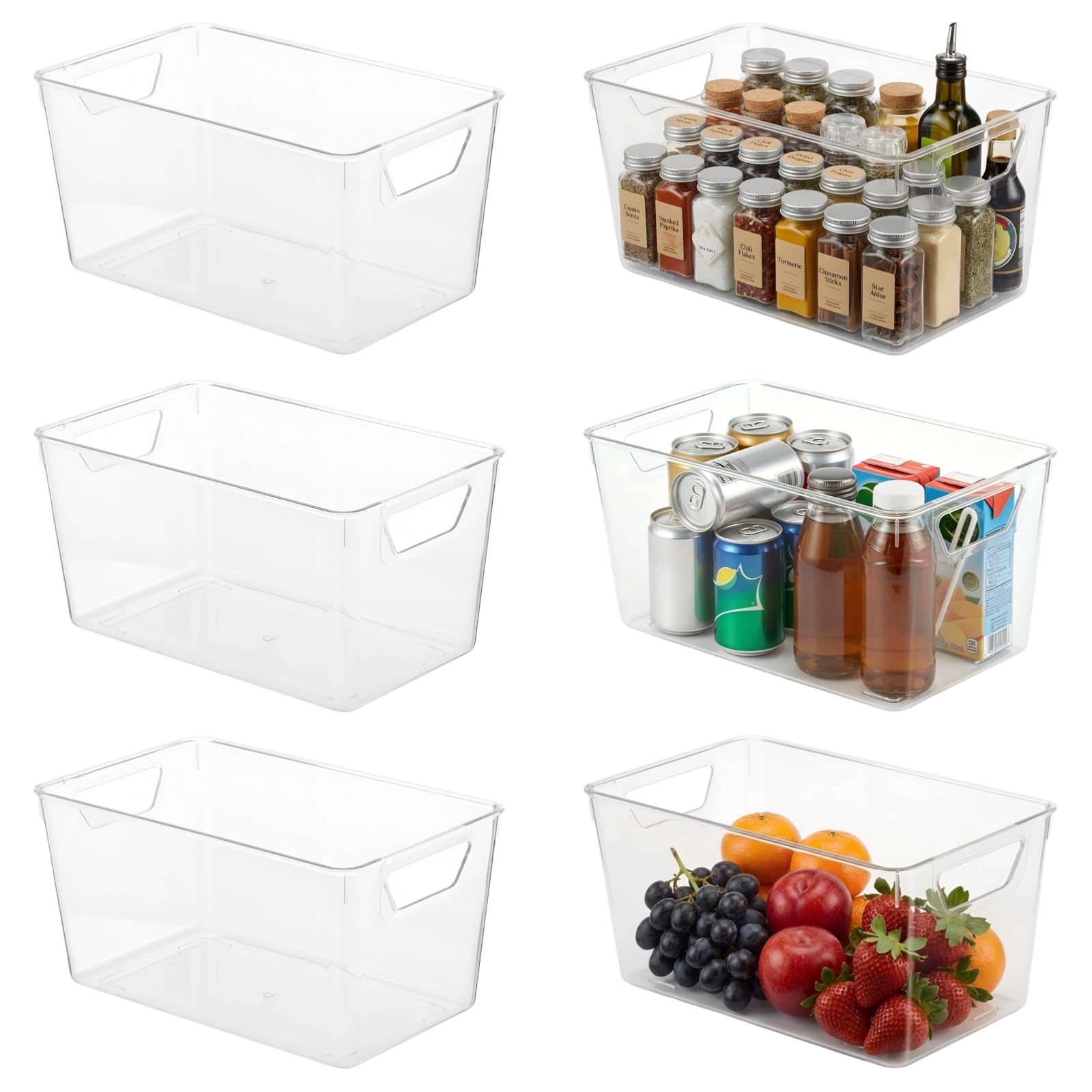 YAGOKKI 6 Pcs Clear Plastic Storage Bins with Handles - Fridge Organiser, Stackable Kitchen Cupboard Organisation for Pantry, Bathroom, Craft Room, 9.8 x 5.9 x 5 Inch