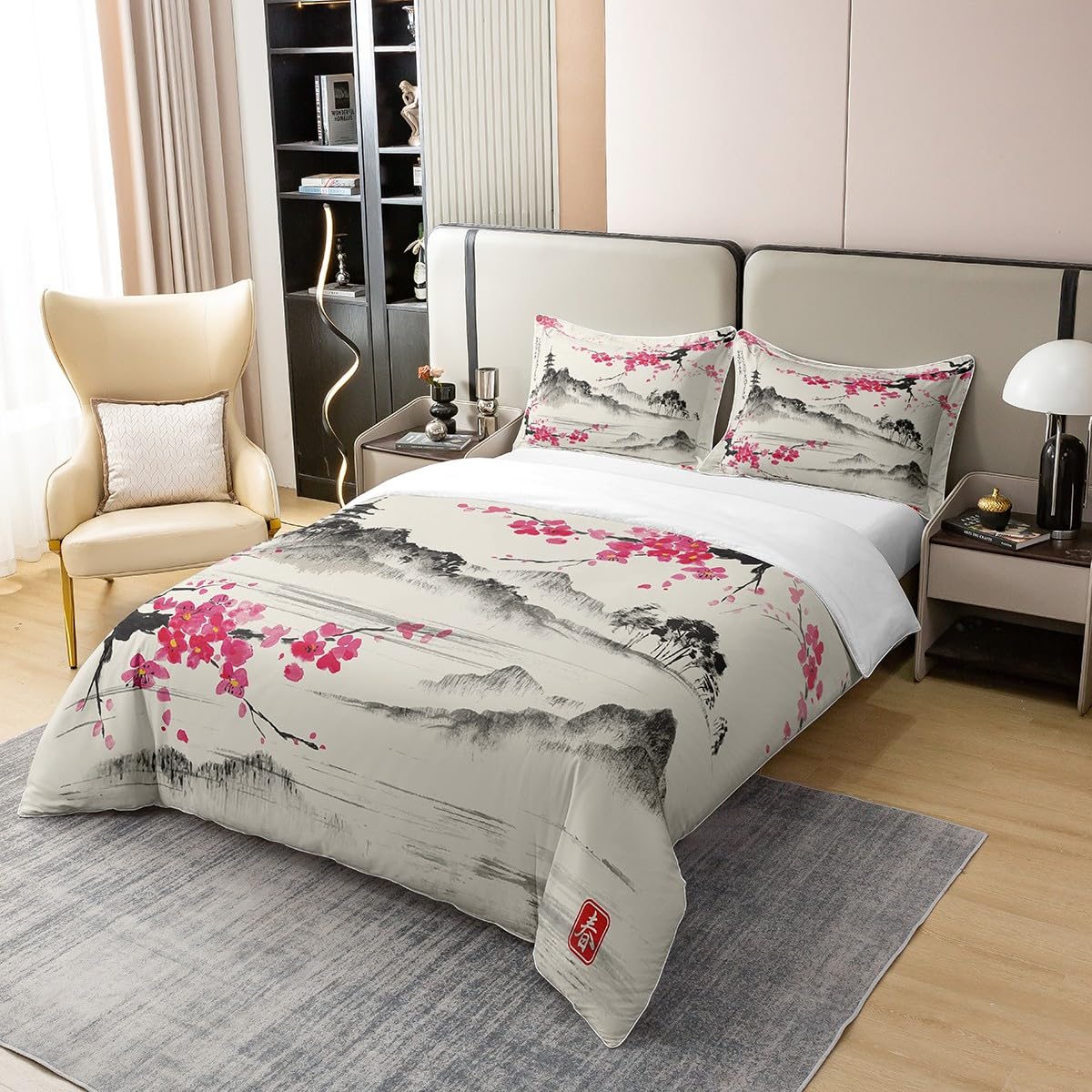 Loussiesd Japanischer Stil 100% Baumwolle Bettwäsche Set,Japanische Ukiyoe Bettwäsche-Set Zimmer Dekor,Weich Sakura Blume Traditionelles Retro Thema Rosa Dekorative Bettwäsche 135x200cm