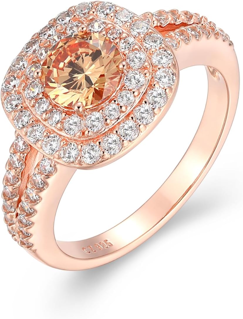 MORGAN & PAIGE .925 Sterling Silver 14K Rose Gold Plated Champagne & White Cubic Zirconia Cushion-Shaped Double-Halo Pendant Necklace and Ring - Hypoallergenic Jewelry for Her, 18" Chain, Size 7