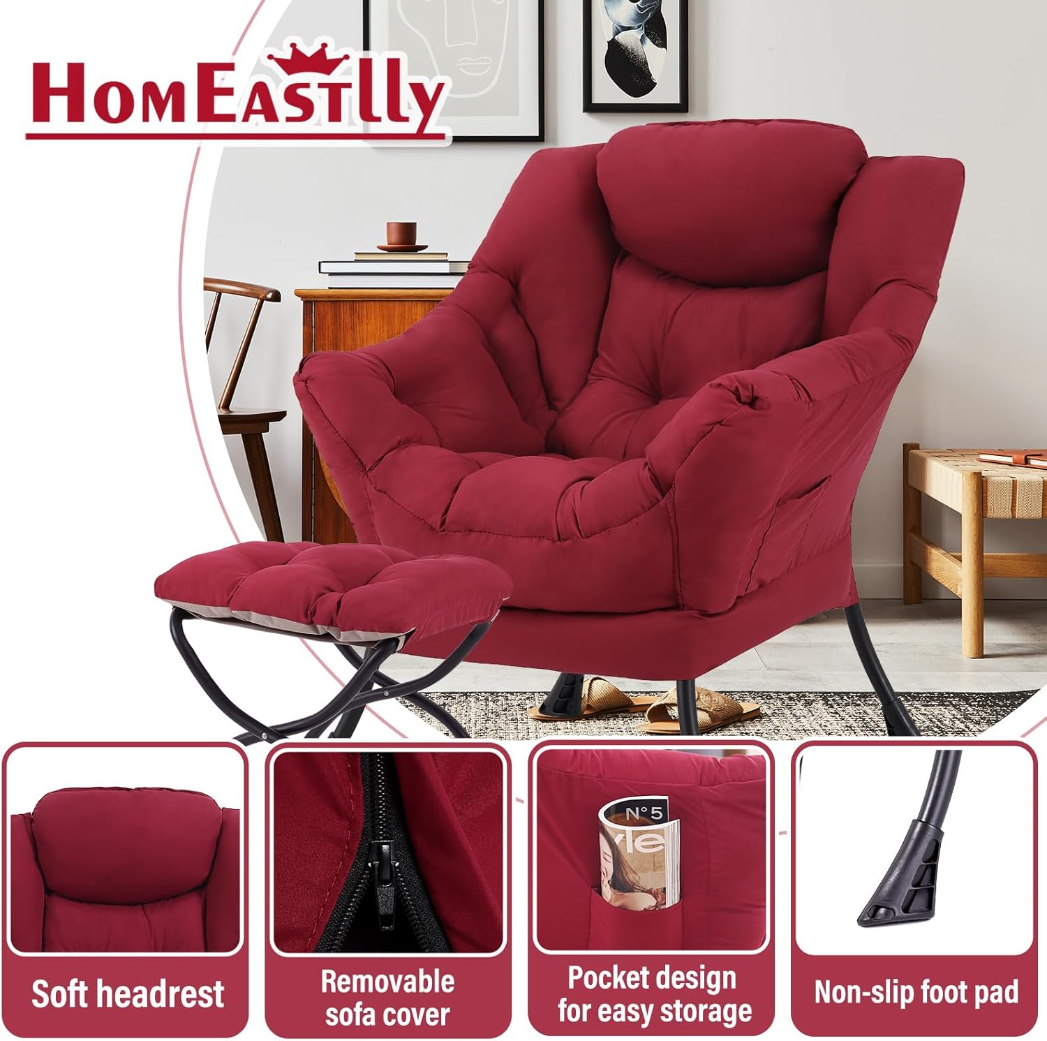 Lazy Chair with Ottoman, Large Burgundy Accent Chair with Ottoman, Comfy Reading Armchair, Leisure Sofa Chair for Living Room, Bedroom, Dorm Room, Office