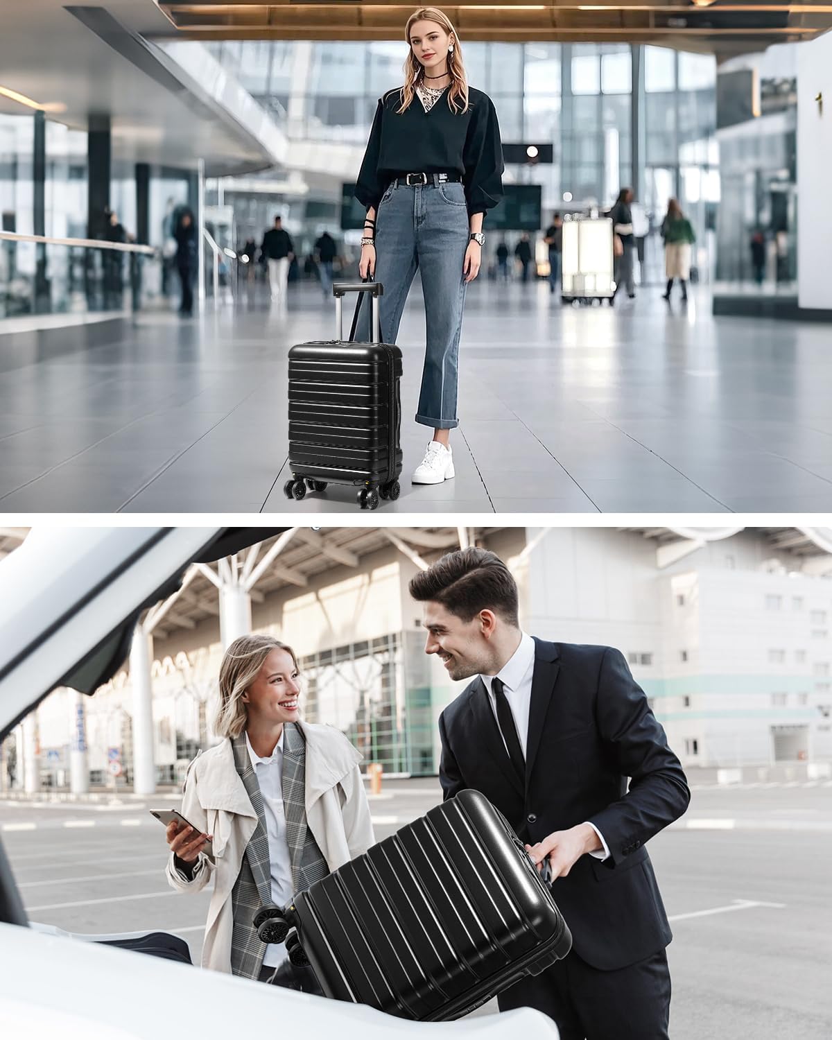 Lekesky 16 Inch Carry on Luggage with Spinner Wheels (Black-Expandable, 16 Inch)