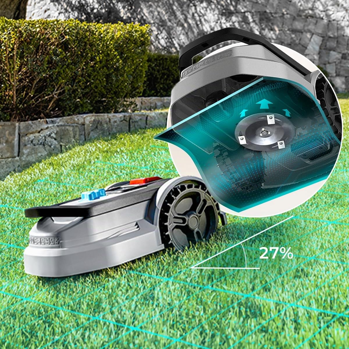 Cecotec Robot Tondeuse Conga Grasshopper 300. Moteur Numérique sans Balais, Surface de 300m2, Pente Maximale de 27%, Contrôle des Lames, Détecteur de Pluie, Plug&Play