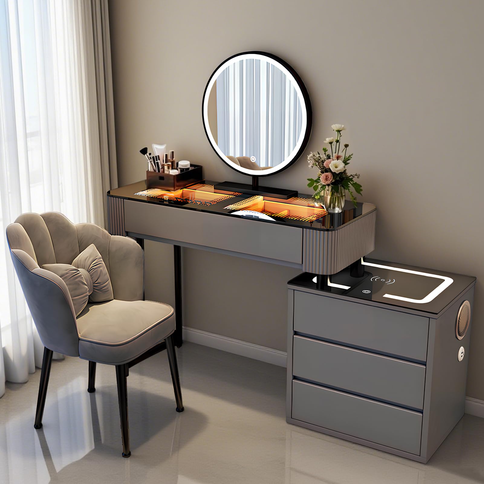 Dressing Tables with Lights Makeup Table with LED Mirror and Chair - Vanity Table Set with Wireless Charging, Makeup Vanity Desk with Drawers and Bluetooth Speaker Make up Desk (Grey, 80CM)