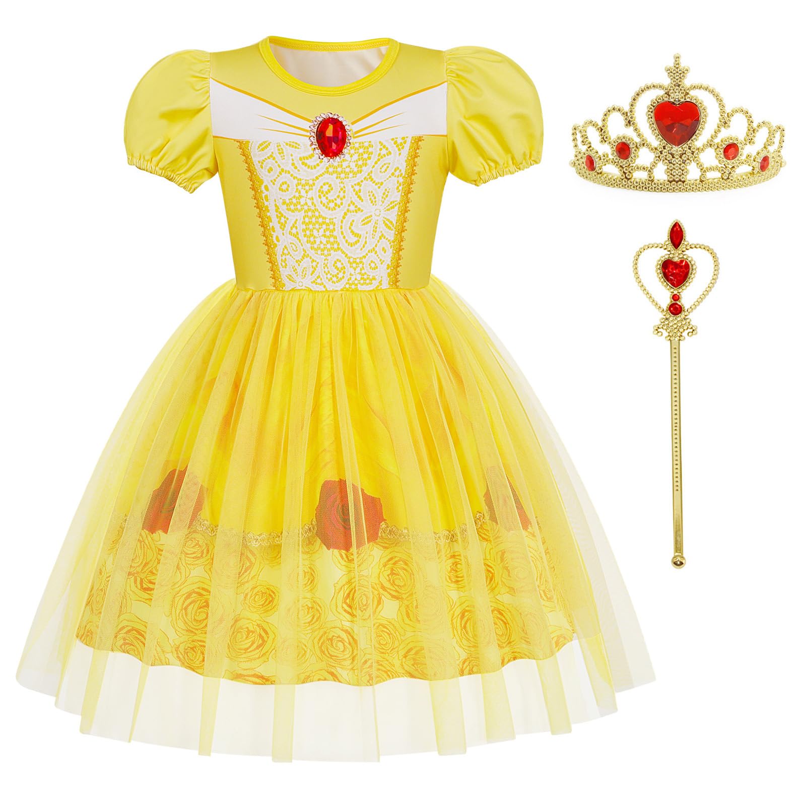 Berich Princess Yellow Dress with Crown Princess Costumes for Girls Halloween Outfit Christmas Gifts World Book Day Costumes for Girls Dress up 4-5 Years(Golden,120)