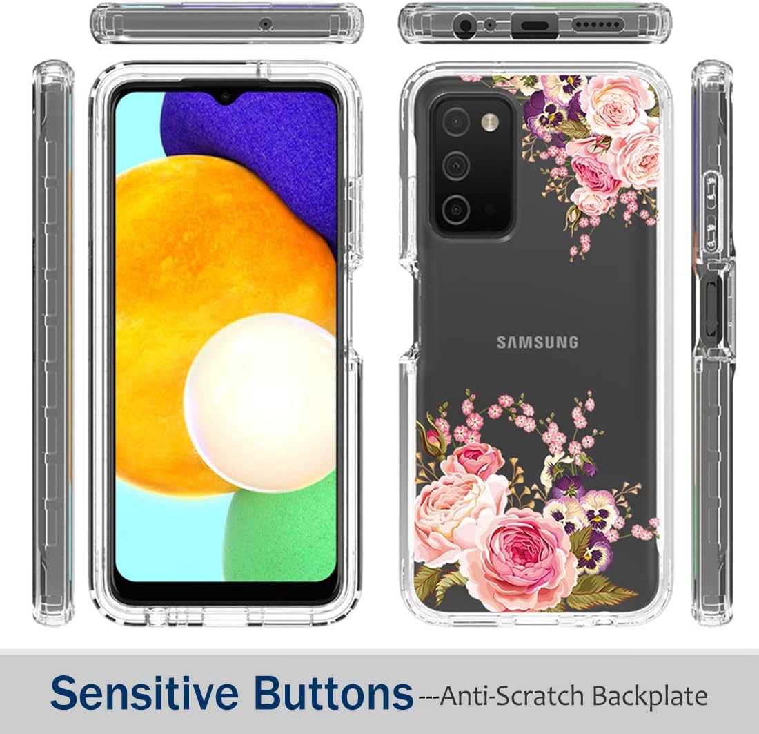Case for Galaxy A03S SM-A037U Case with Tempered Glass Screen Protector, Full Body Floral Design Protection Hard Shell+Soft TPU Shockproof Cover Case for Samsung Galaxy A03S (Rose Flower) image 5