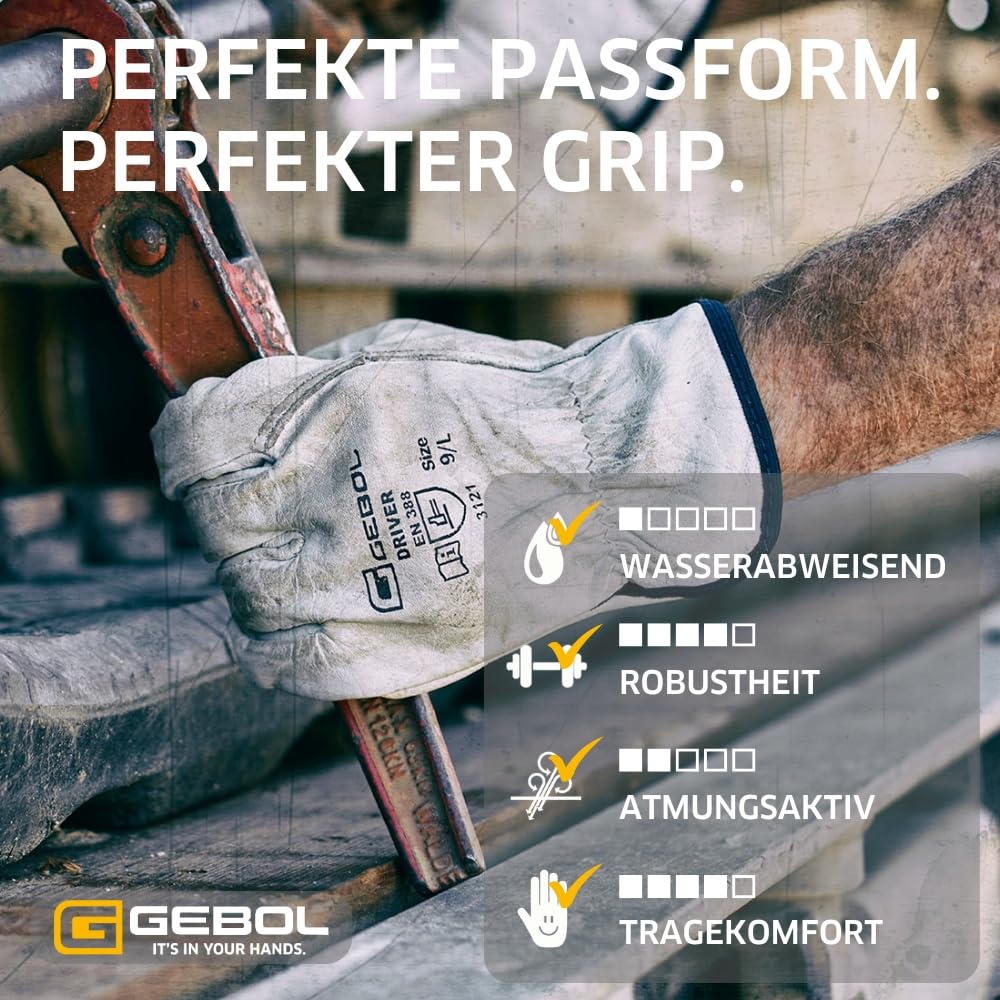 Gebol Driver, 1 para rękawic roboczych dla kobiet i mężczyzn, wykonane z pełnej skóry bydlęcej klasy premium o grubości 1,1 mm, rękawice na budowę, do ogrodu i prac wykonywanych w trudnych warunkach