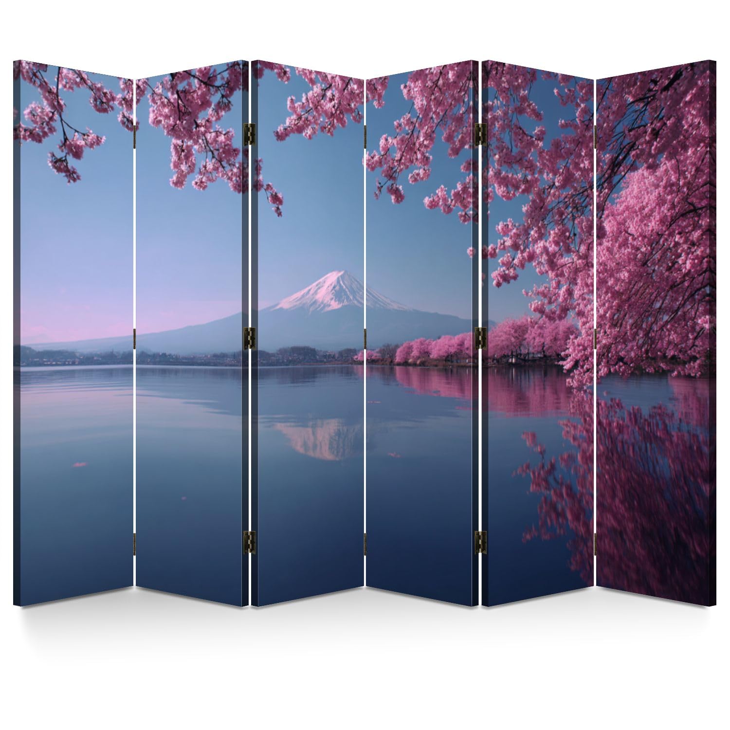 6 Panels Folding Screen Room Divider Cherry Blossoms Mount Blossoming Lake Cherry Blossom Lake Canvas Screen Room Separator Freestanding Protective