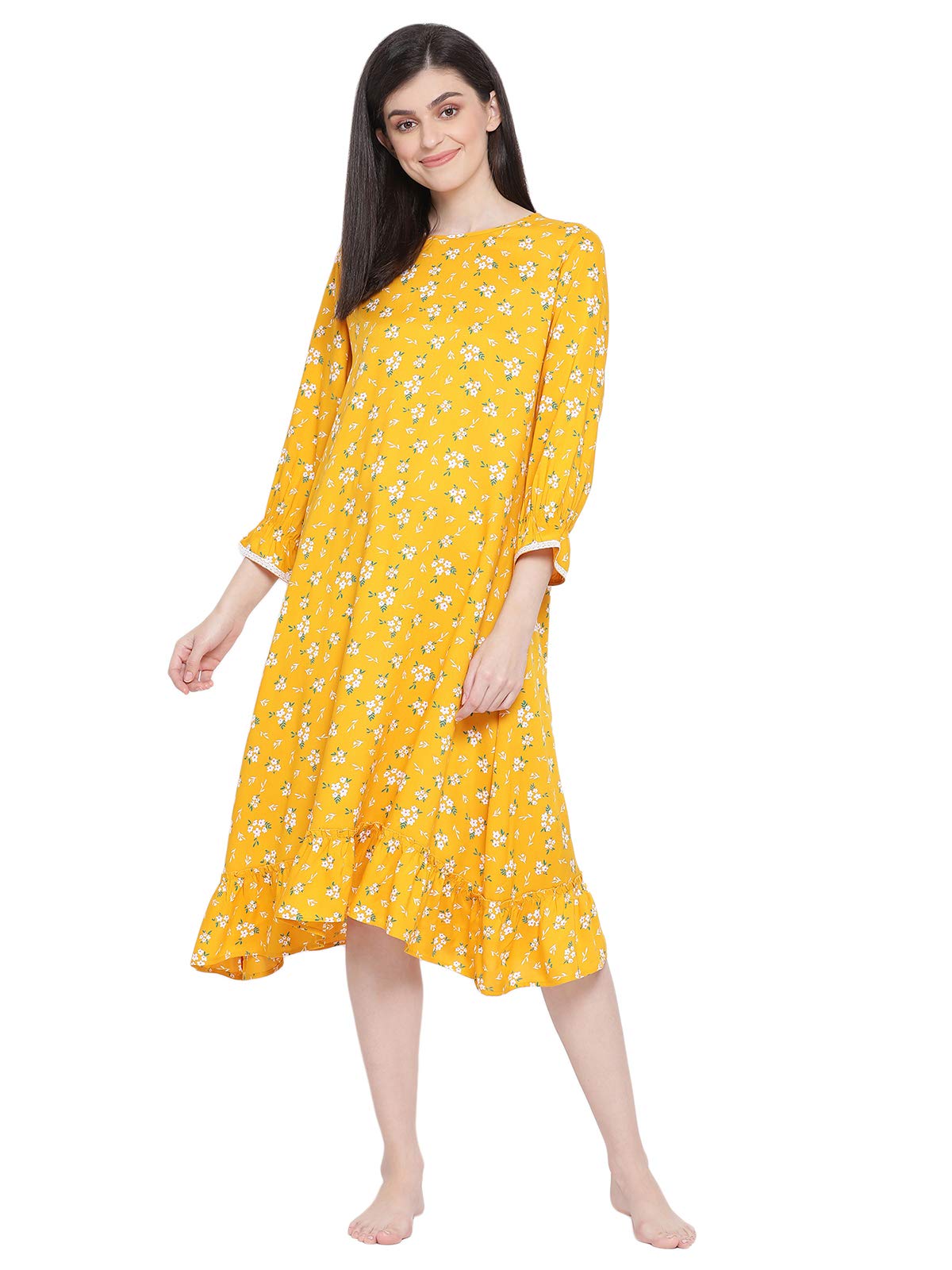 Women's Rayon Pretty Florals Mid Length Night Dress