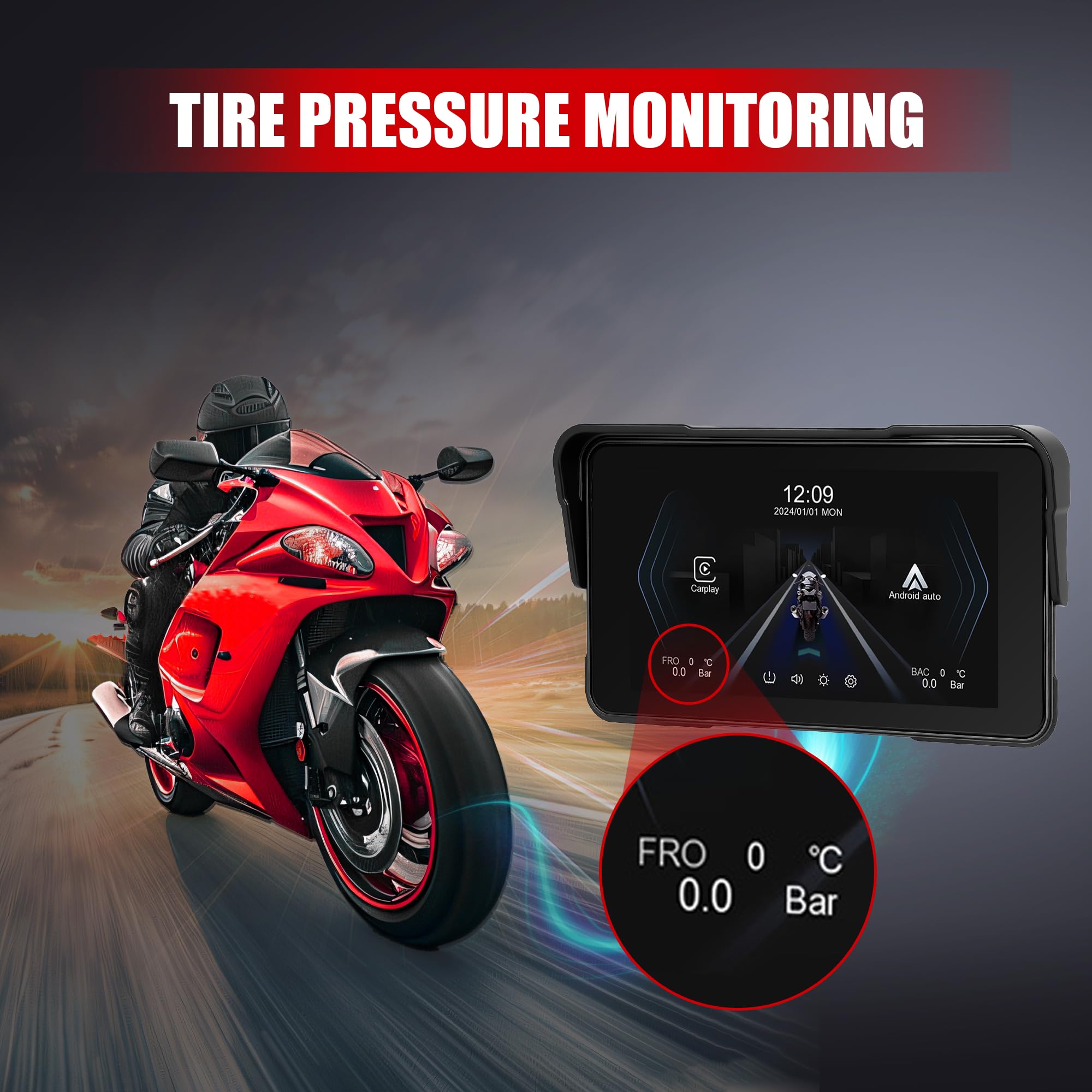 Carplay bezprzewodowy ekran motocyklowy 5 cali ekran dotykowy przenośny radio samochodowe do motocykla, IP68 wodoodporny Android samochód Bluetooth szybki demontaż wykrywanie ciśnienia w oponach 12 V